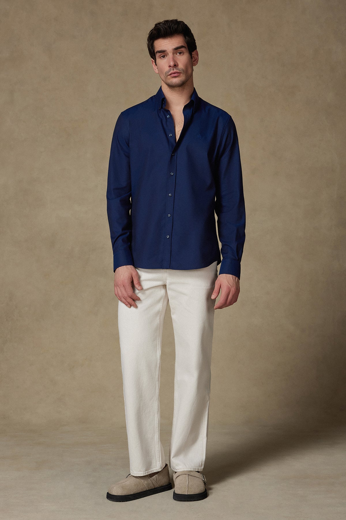 Abbate Matteo Royal Oxford Pamuklu Comfort Fit Lacivert Düğmeli Yaka Erkek Düz Gömlek