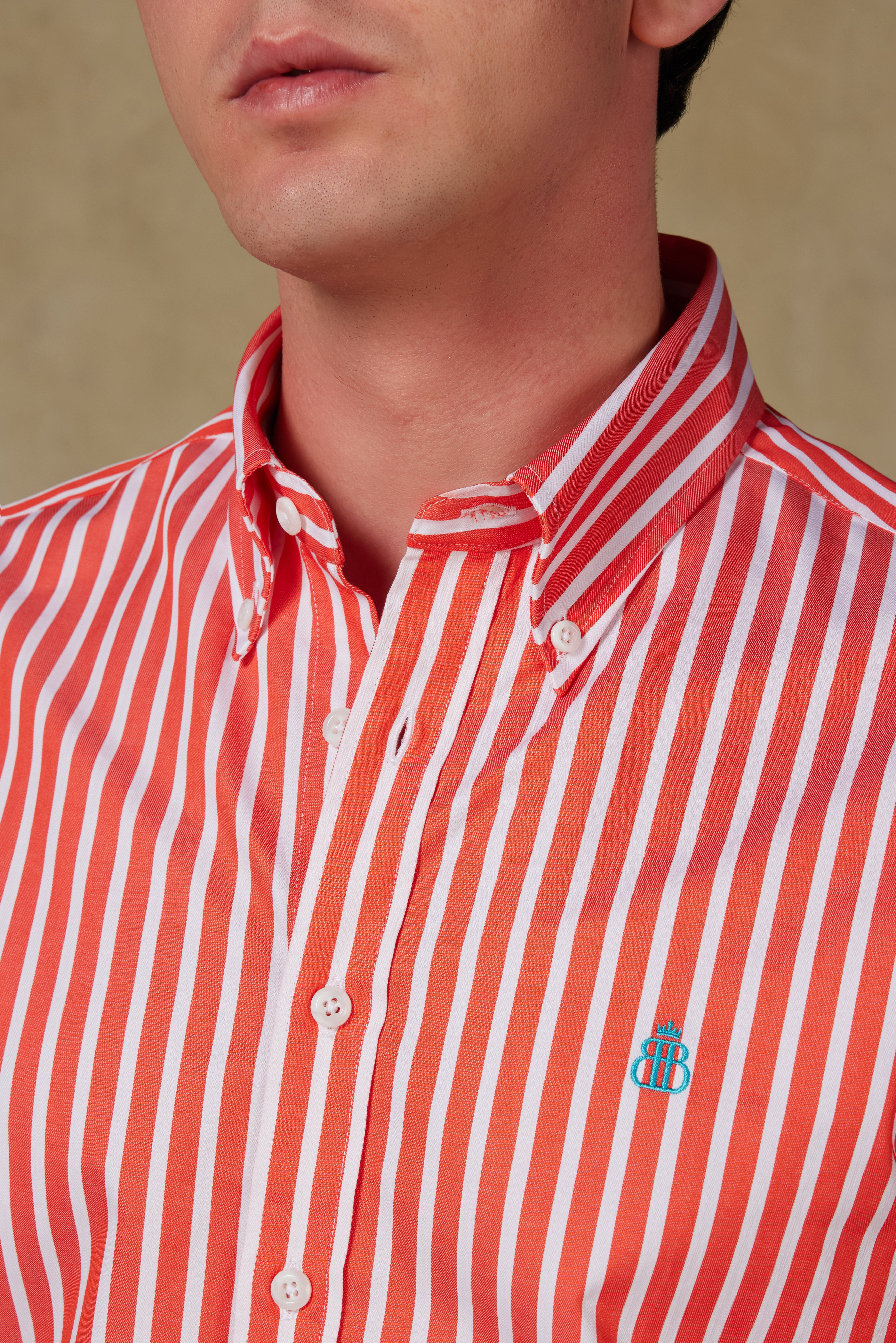 Abbate Matteo Twill Pamuklu Comfort Fit Somon Düğmeli Yaka Erkek Çizgili Gömlek