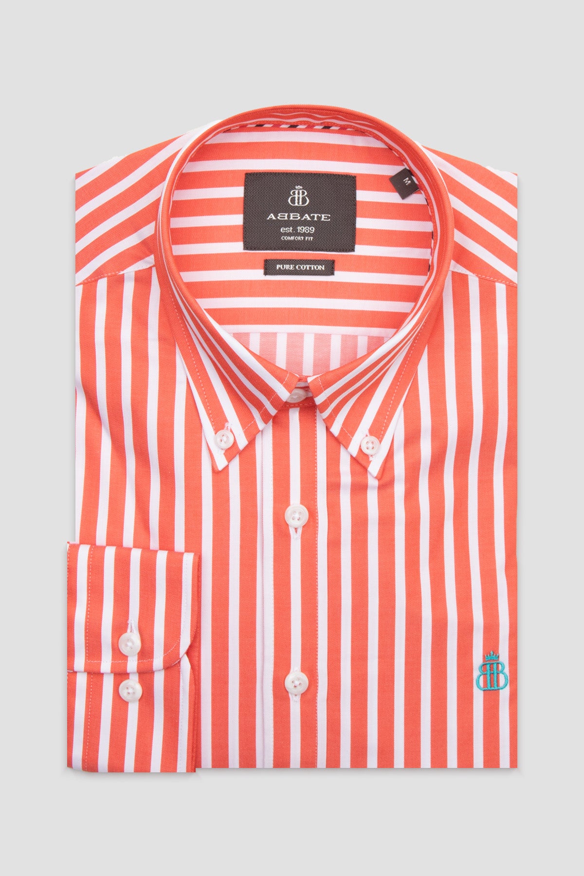 Abbate Matteo Twill Pamuklu Comfort Fit Somon Düğmeli Yaka Erkek Çizgili Gömlek