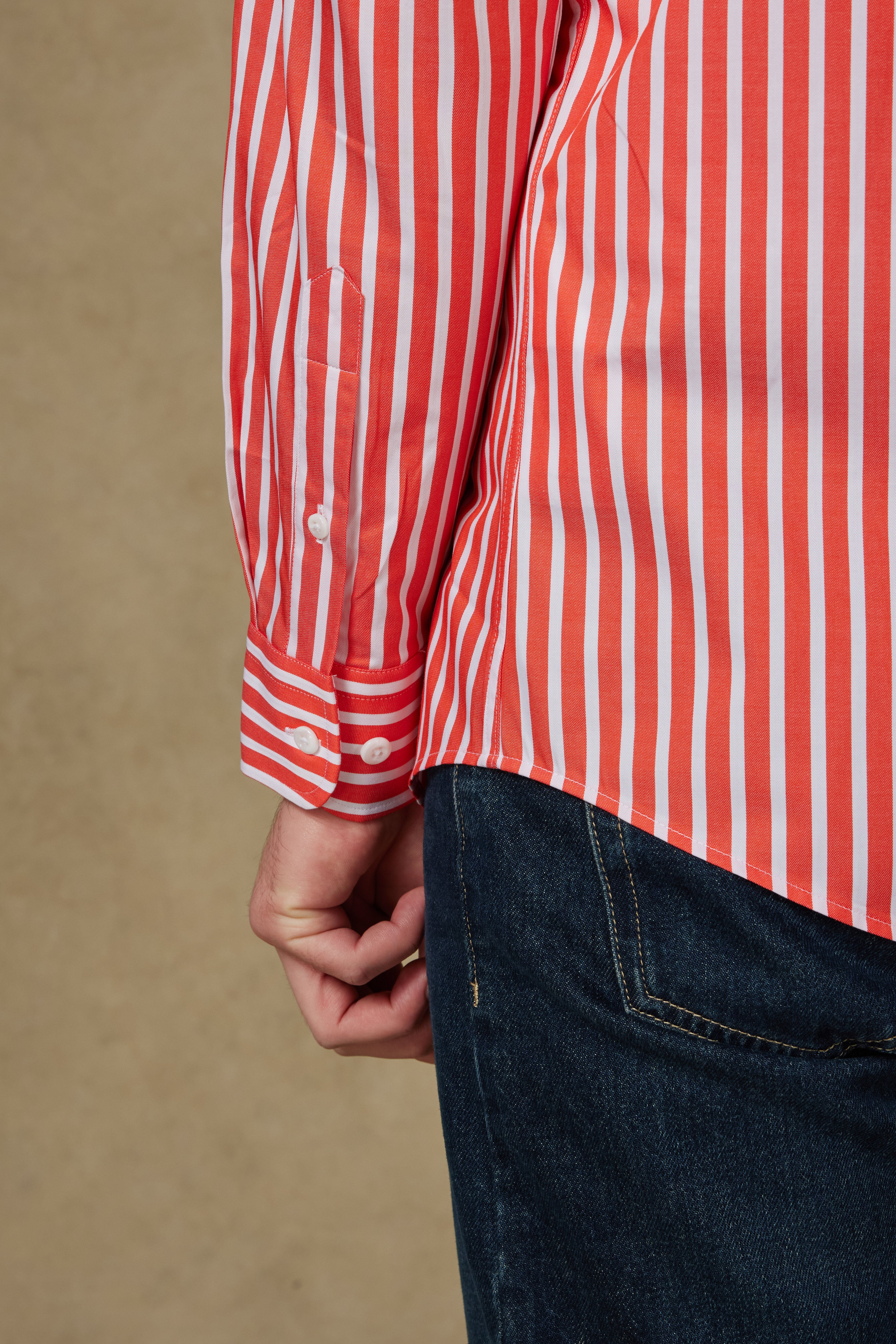 Abbate Matteo Twill Pamuklu Comfort Fit Somon Düğmeli Yaka Erkek Çizgili Gömlek