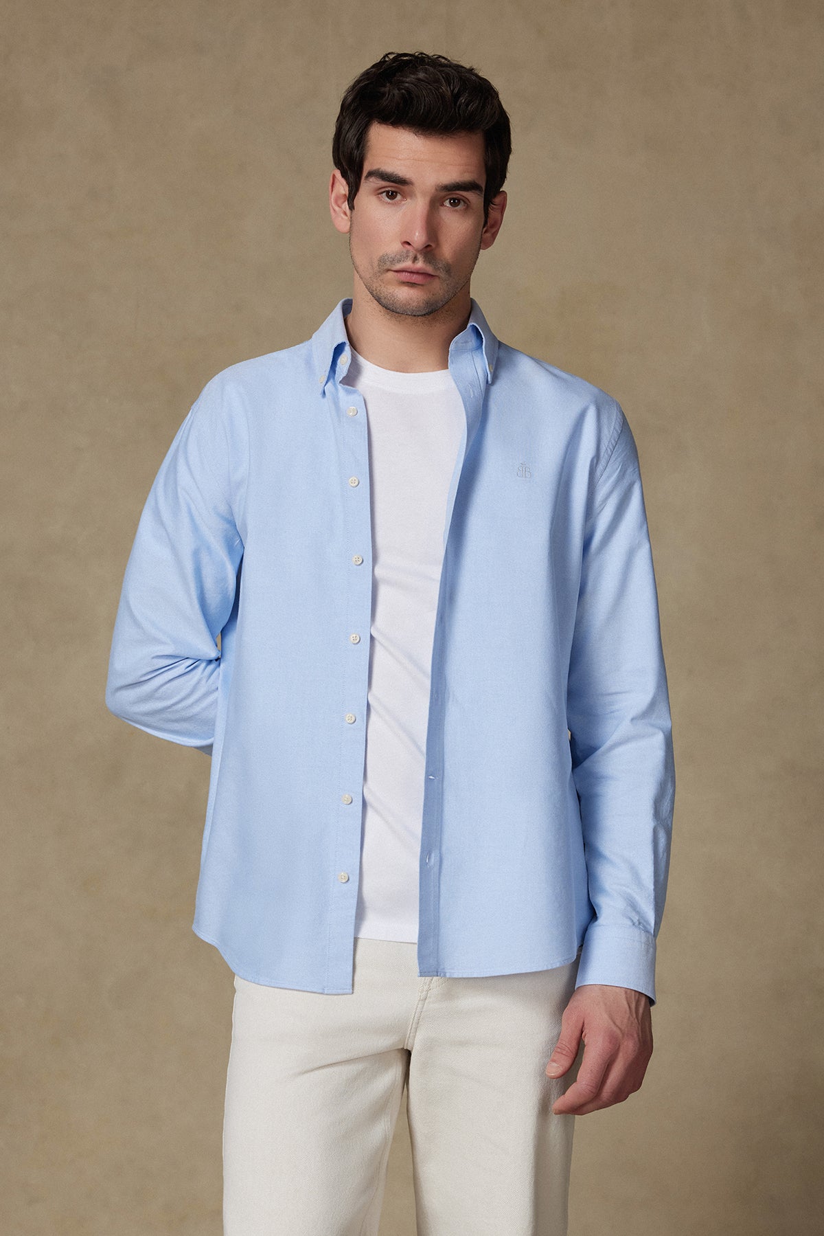 Abbate Marcel Amerikan Oxford Pamuklu Comfort Fit Açık Mavi Düğmeli Yaka Erkek Düz Gömlek