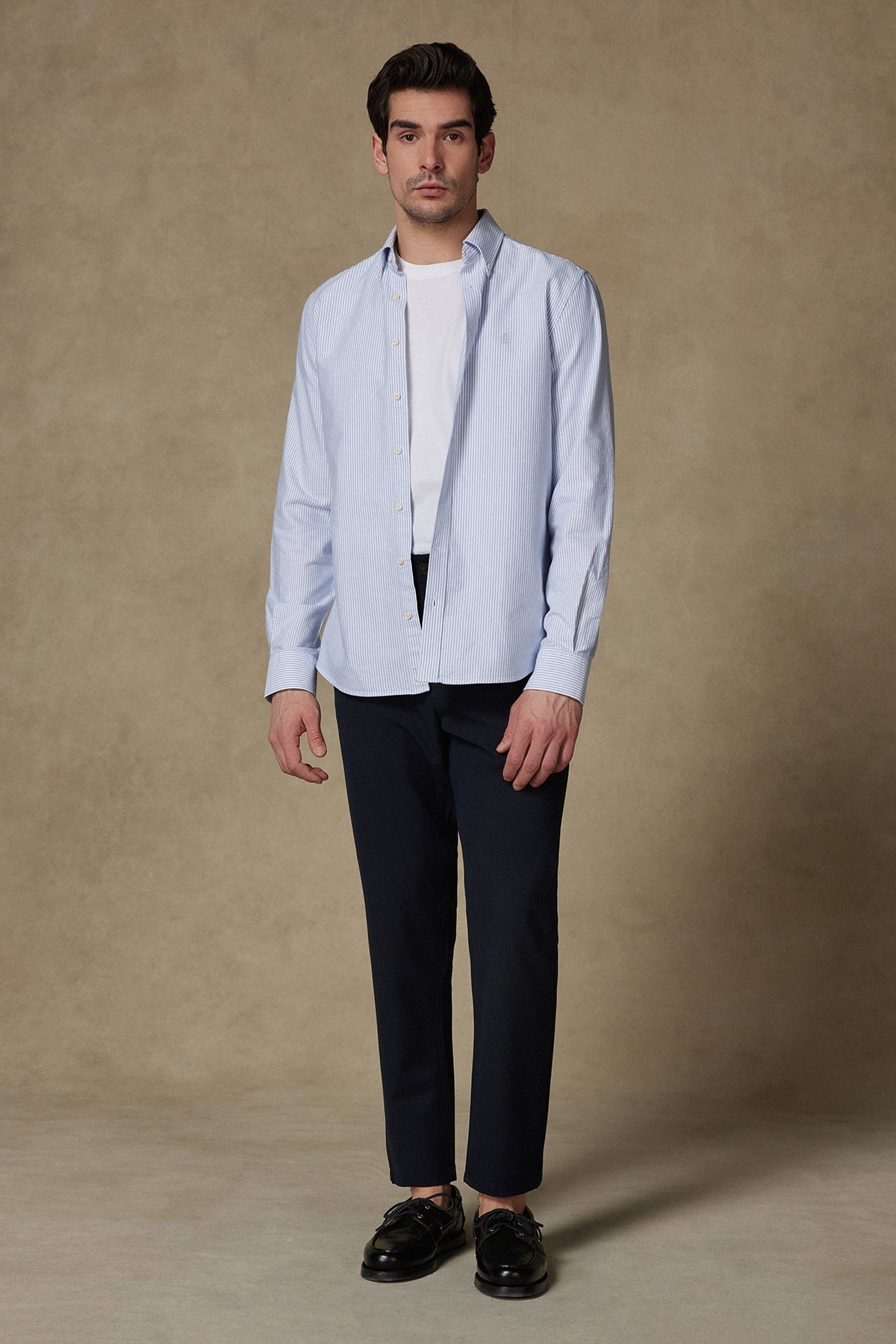 Abbate Marcel Amerikan Oxford Pamuklu Comfort Fit Koyu Mavi Düğmeli Yaka Erkek Çizgili Gömlek