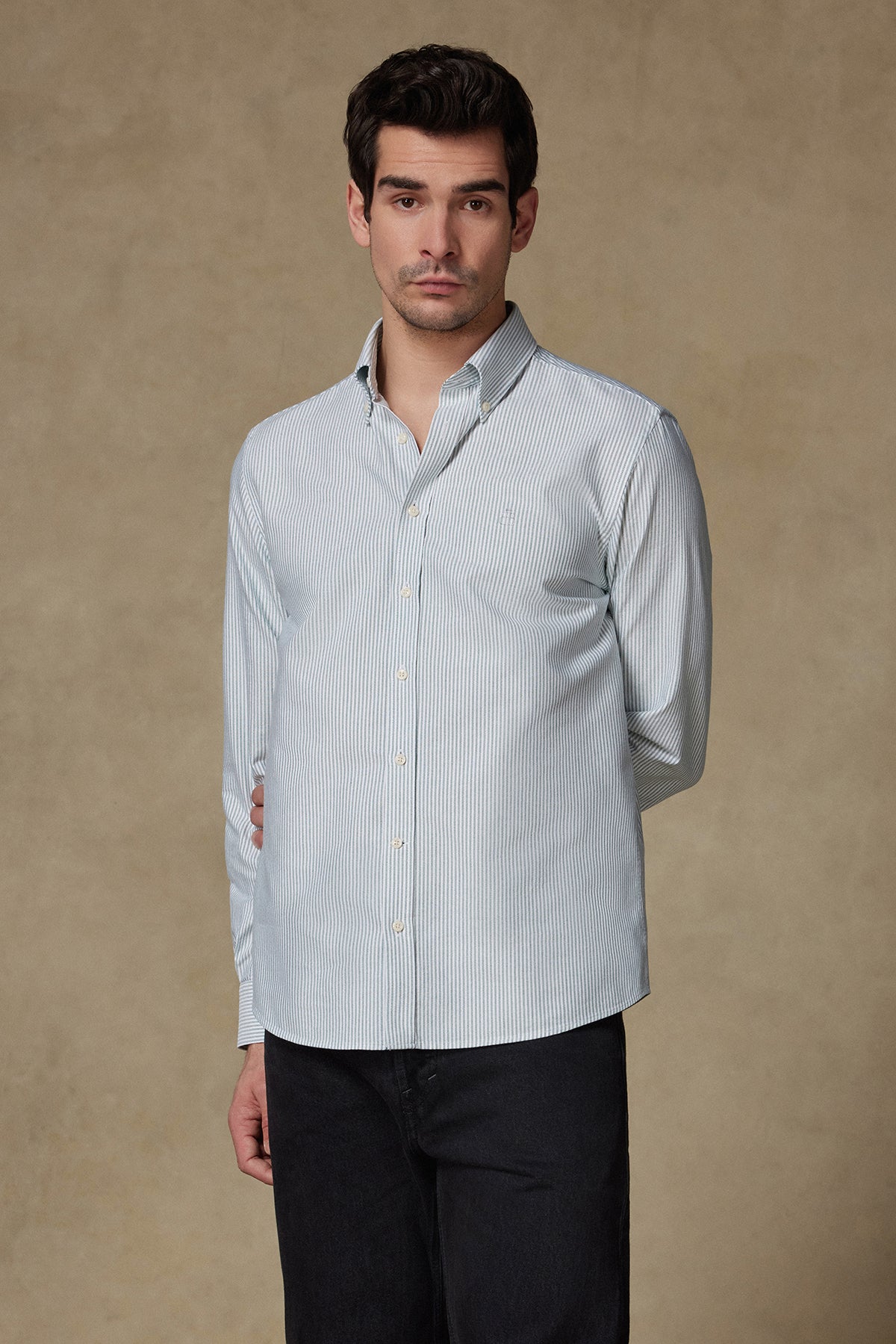 Abbate Marcel Amerikan Oxford %100 Pamuk Comfort Fit Yeşil Düğmeli Yaka Erkek Çizgili Gömlek