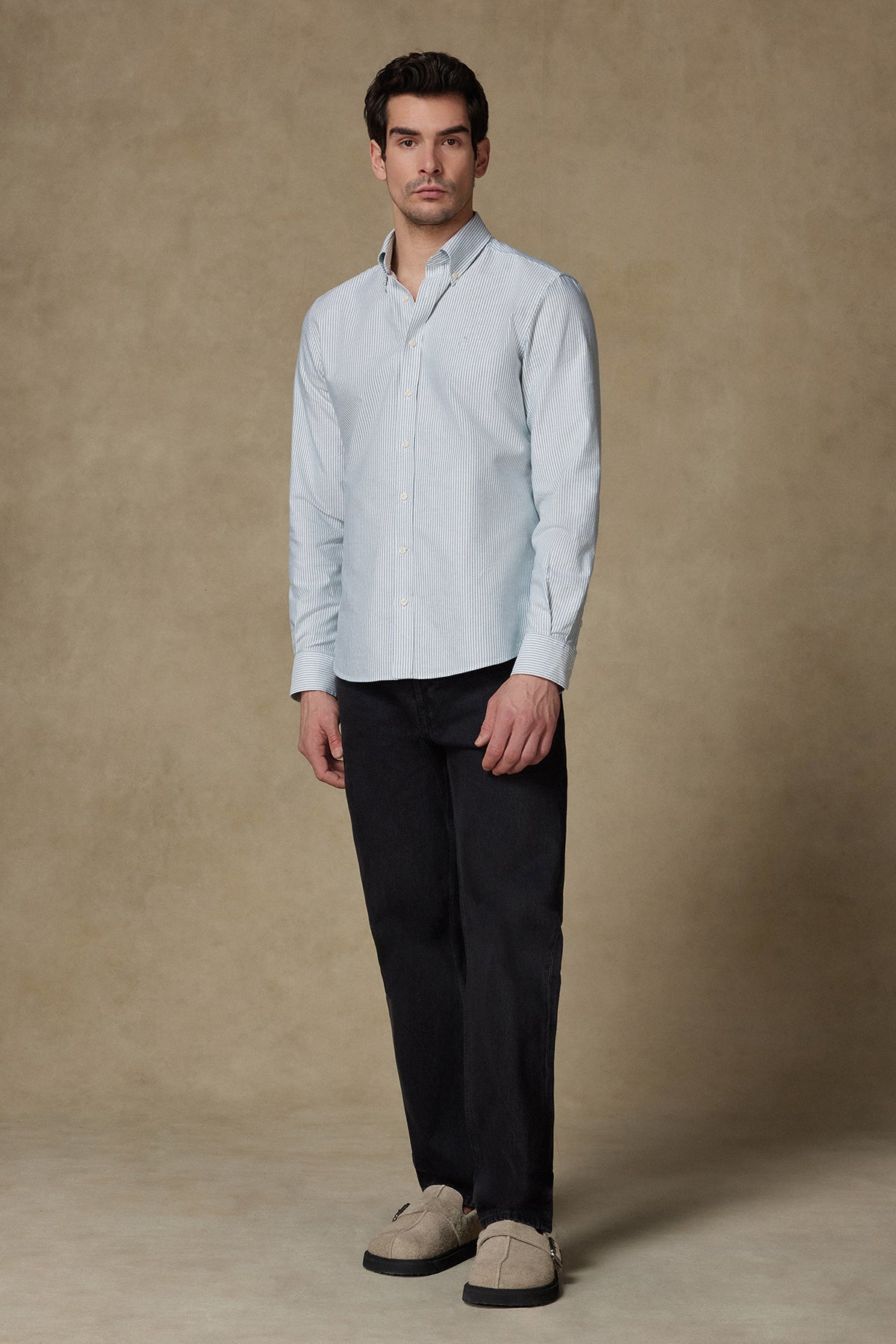 Abbate Marcel Amerikan Oxford Pamuklu Comfort Fit Yeşil Düğmeli Yaka Erkek Çizgili Gömlek