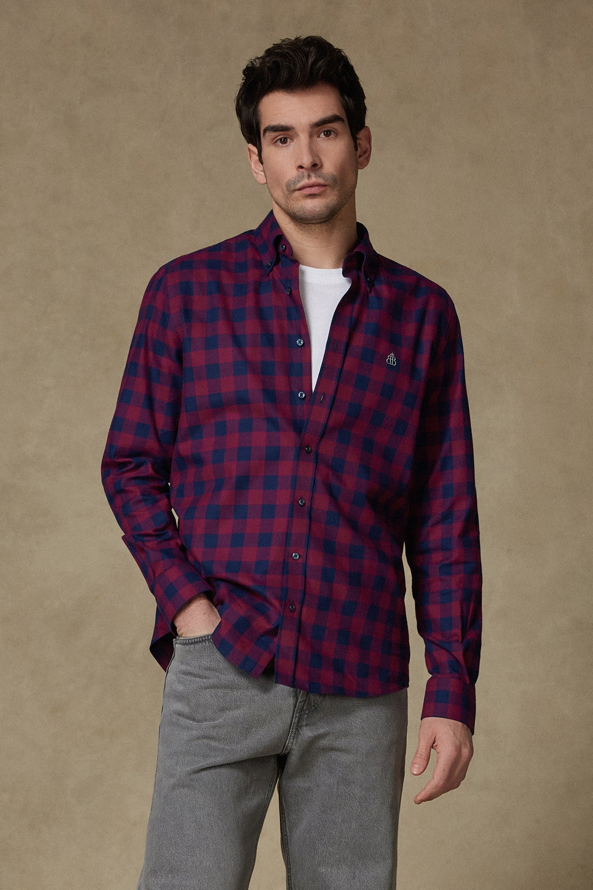 Abbate Luis Twill Pamuklu Comfort Fit Bordo Düğmeli Yaka Erkek Ekoseli Gömlek
