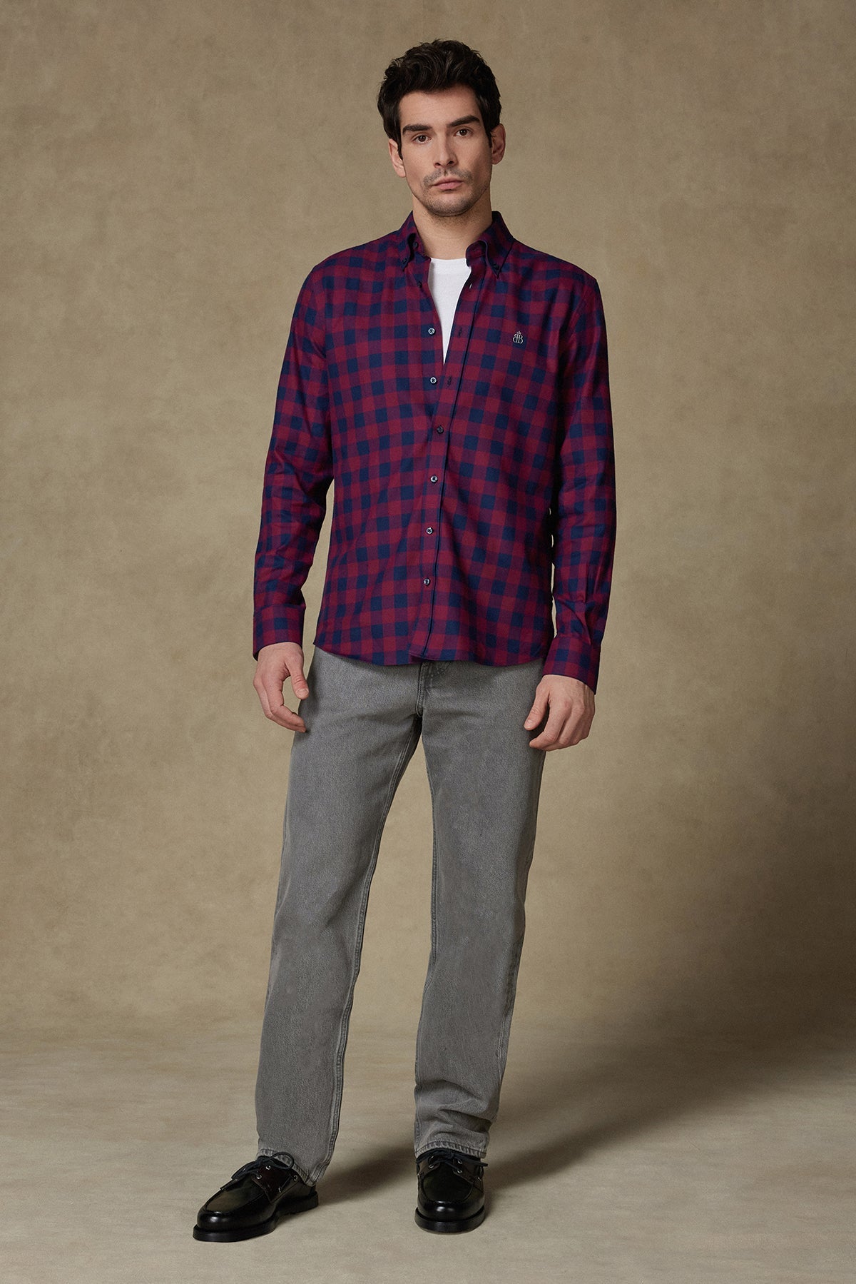 Abbate Luis Twill Pamuklu Comfort Fit Bordo Düğmeli Yaka Erkek Ekoseli Gömlek