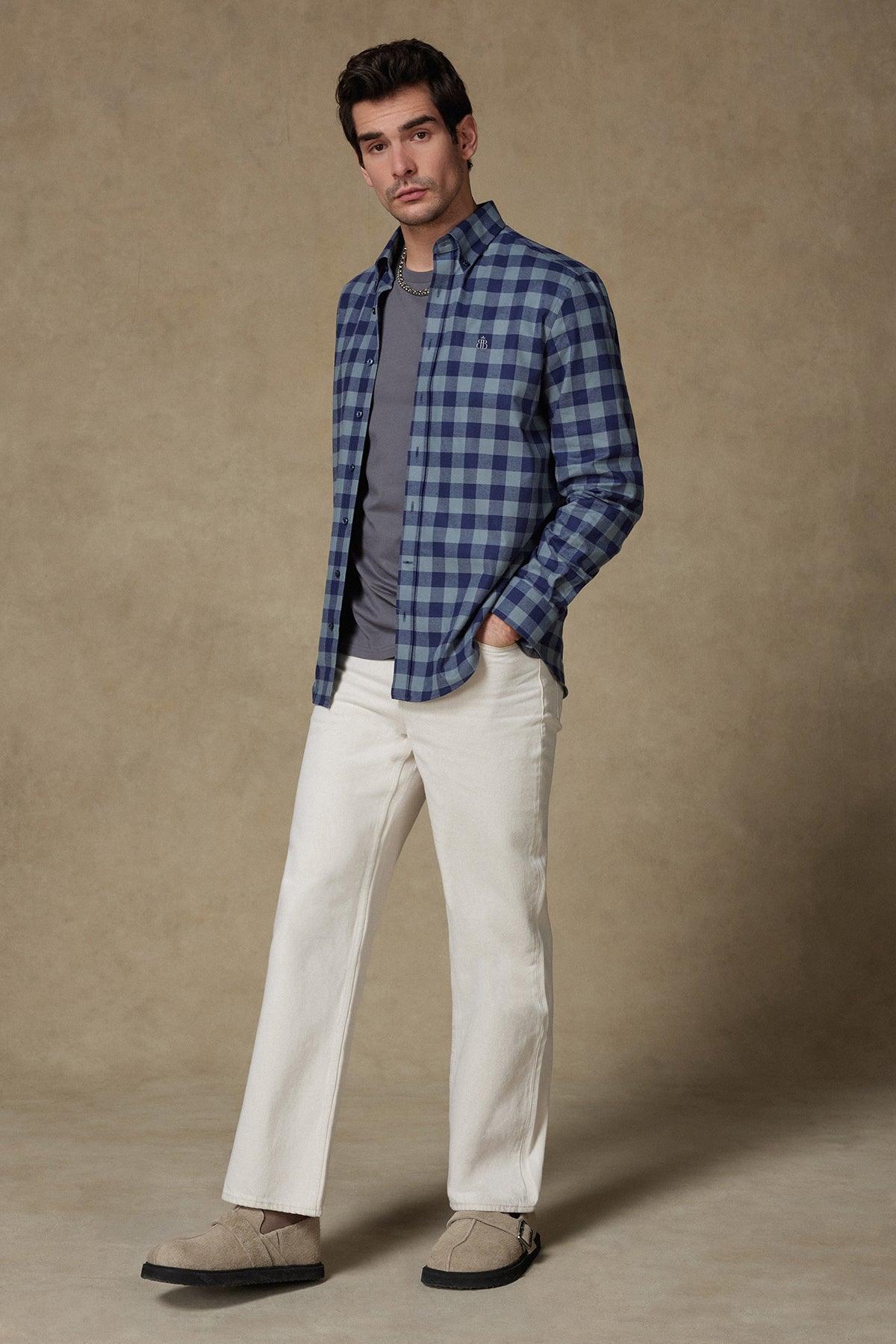 Abbate Luis Twill Pamuklu Comfort Fit Açık Gri Düğmeli Yaka Erkek Ekoseli Gömlek