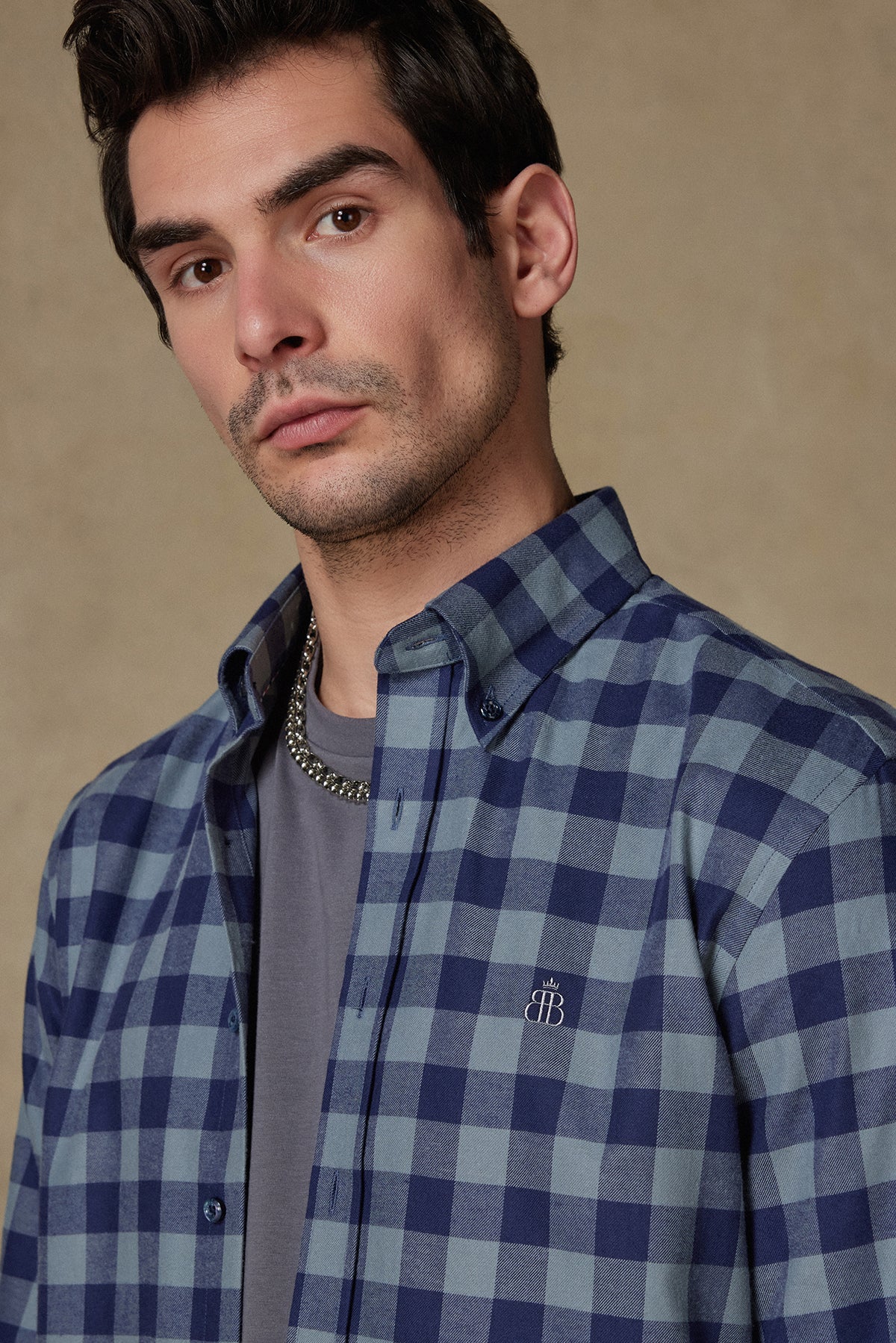 Abbate Luis Twill Pamuklu Comfort Fit Açık Gri Düğmeli Yaka Erkek Ekoseli Gömlek