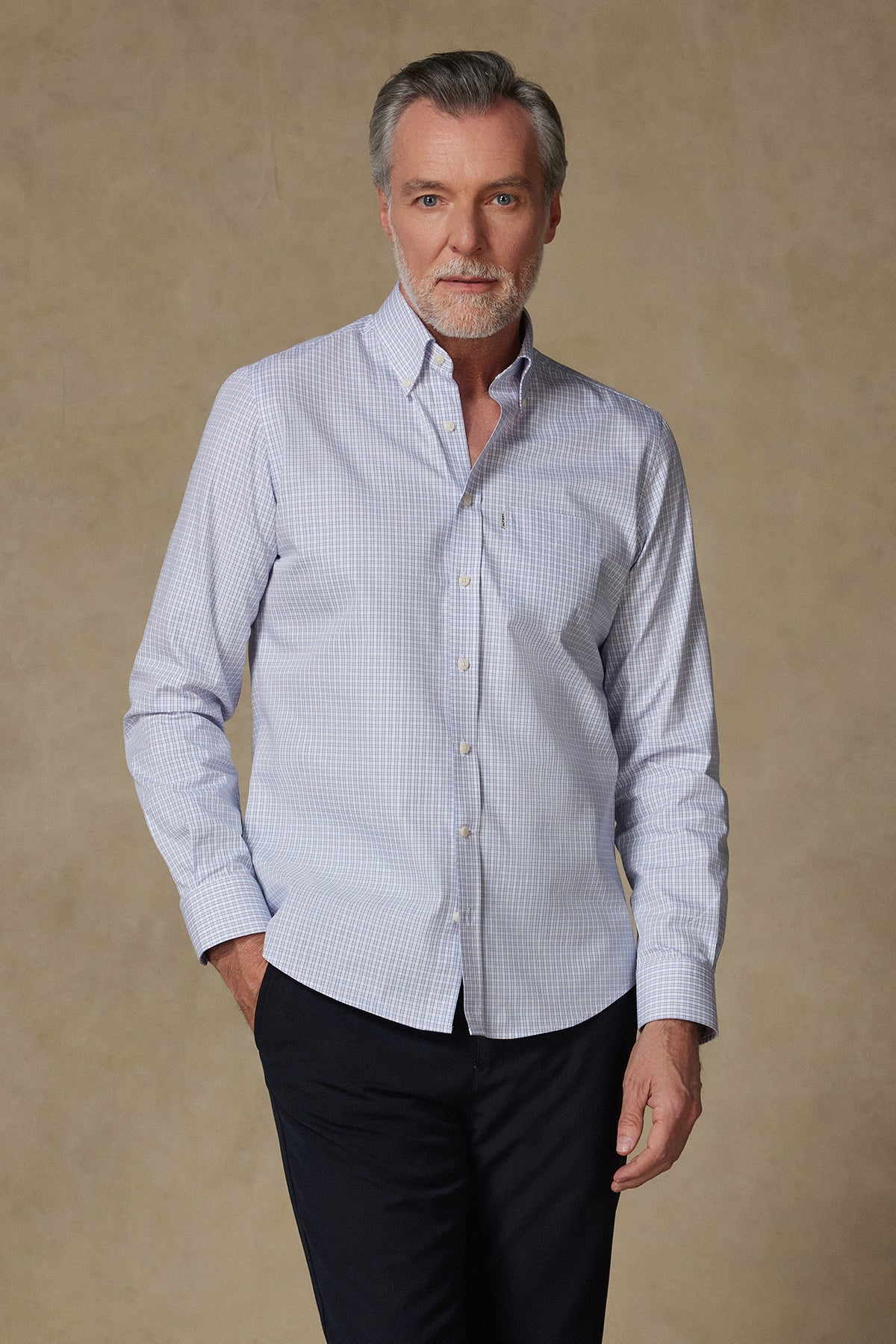 Abbate Aldo Poplin Pamuklu Comfort Fit Açık Mavi Düğmeli Yaka Erkek Kareli Gömlek