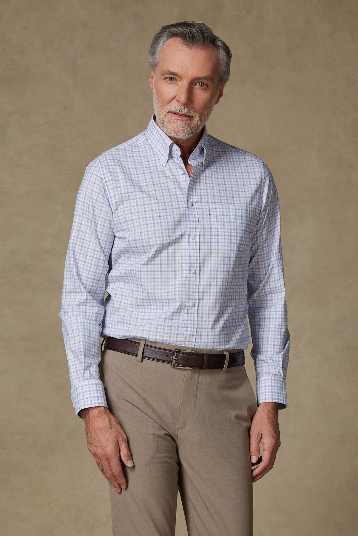 Abbate Aldo Poplin Pamuklu Comfort Fit Açık Mavi Düğmeli Yaka Erkek Kareli Gömlek