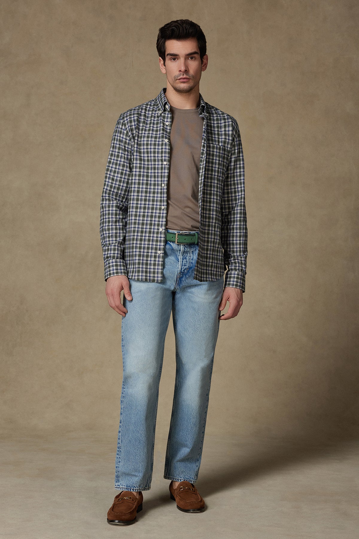 Abbate Aldo Poplin Pamuklu Comfort Fit Yeşil Düğmeli Yaka Erkek Kareli Gömlek