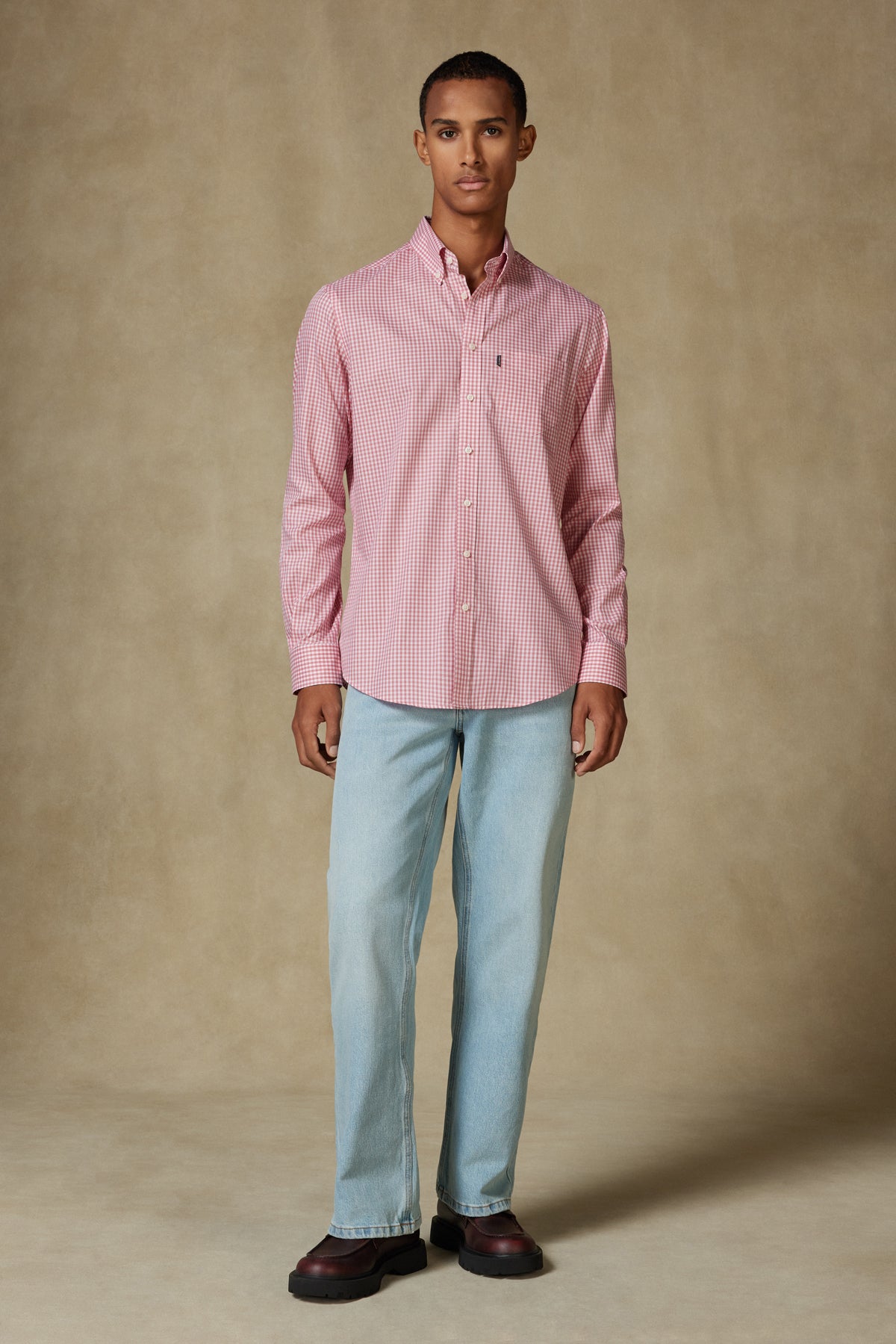 Abbate Aldo Poplin Pamuklu Comfort Fit Pembe Düğmeli Yaka Erkek Kareli Gömlek