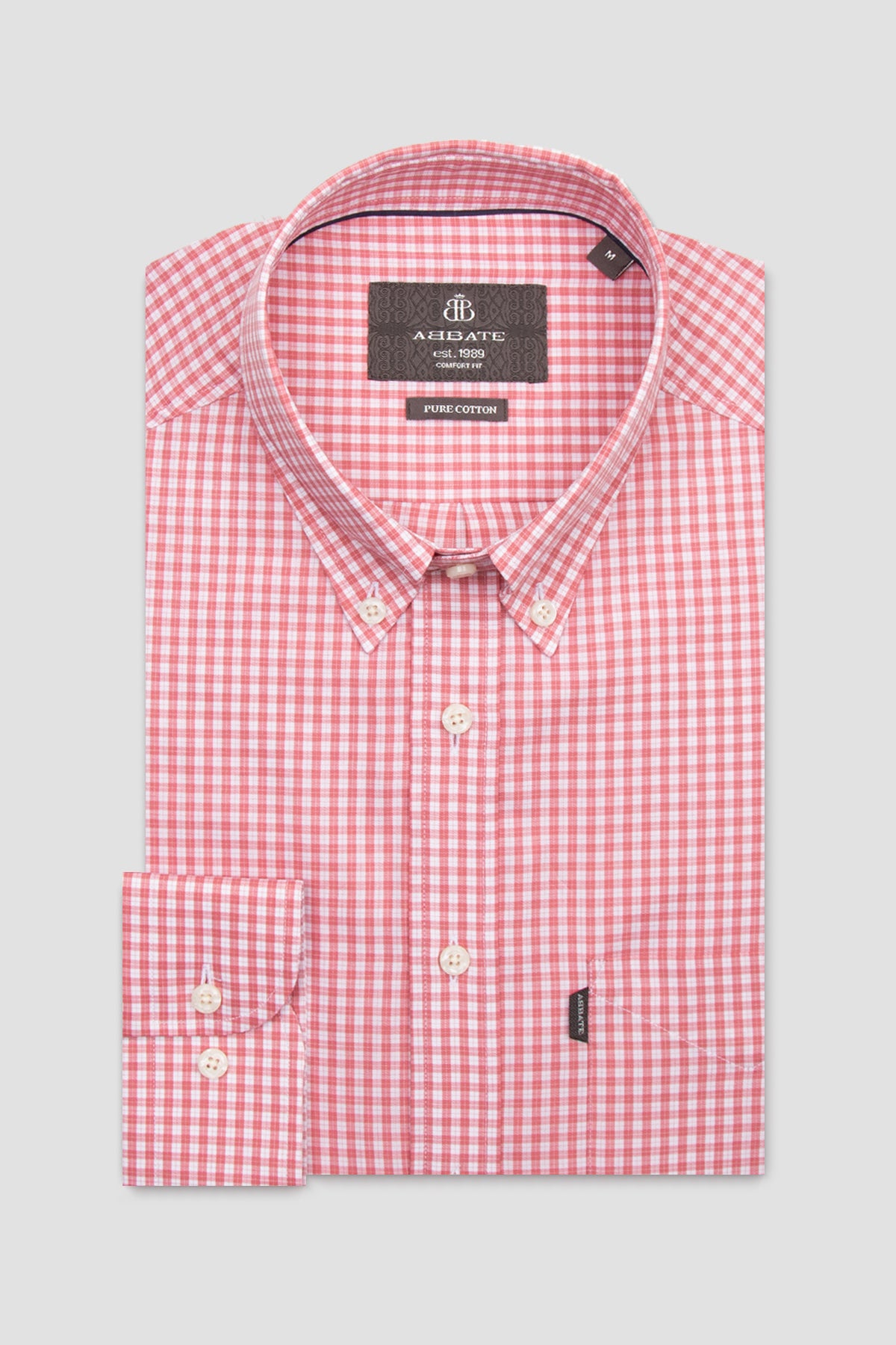 Abbate Aldo Poplin Pamuklu Comfort Fit Pembe Düğmeli Yaka Erkek Kareli Gömlek
