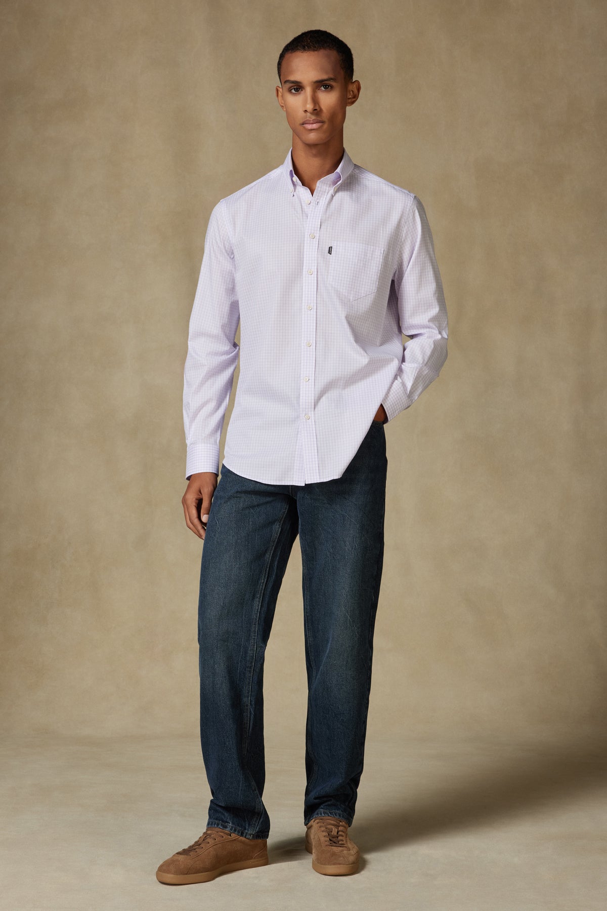 Abbate Aldo Poplin Pamuklu Comfort Fit Mor Düğmeli Yaka Erkek Kareli Gömlek
