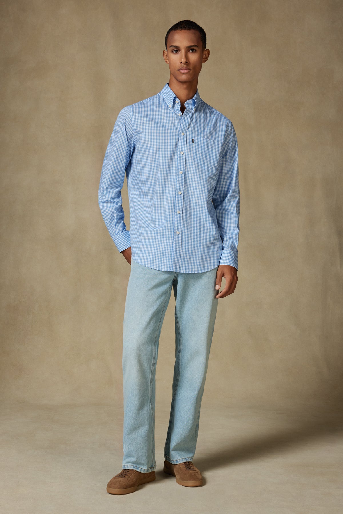 Abbate Aldo Poplin Pamuklu Comfort Fit Koyu Mavi Düğmeli Yaka Erkek Kareli Gömlek