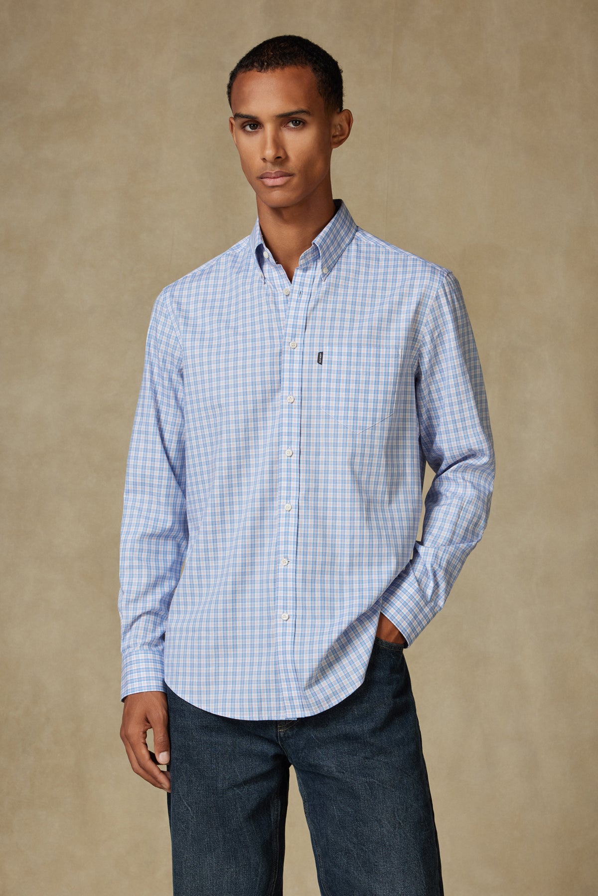 Abbate Aldo Poplin Pamuklu Comfort Fit Turuncu Düğmeli Yaka Erkek Kareli Gömlek