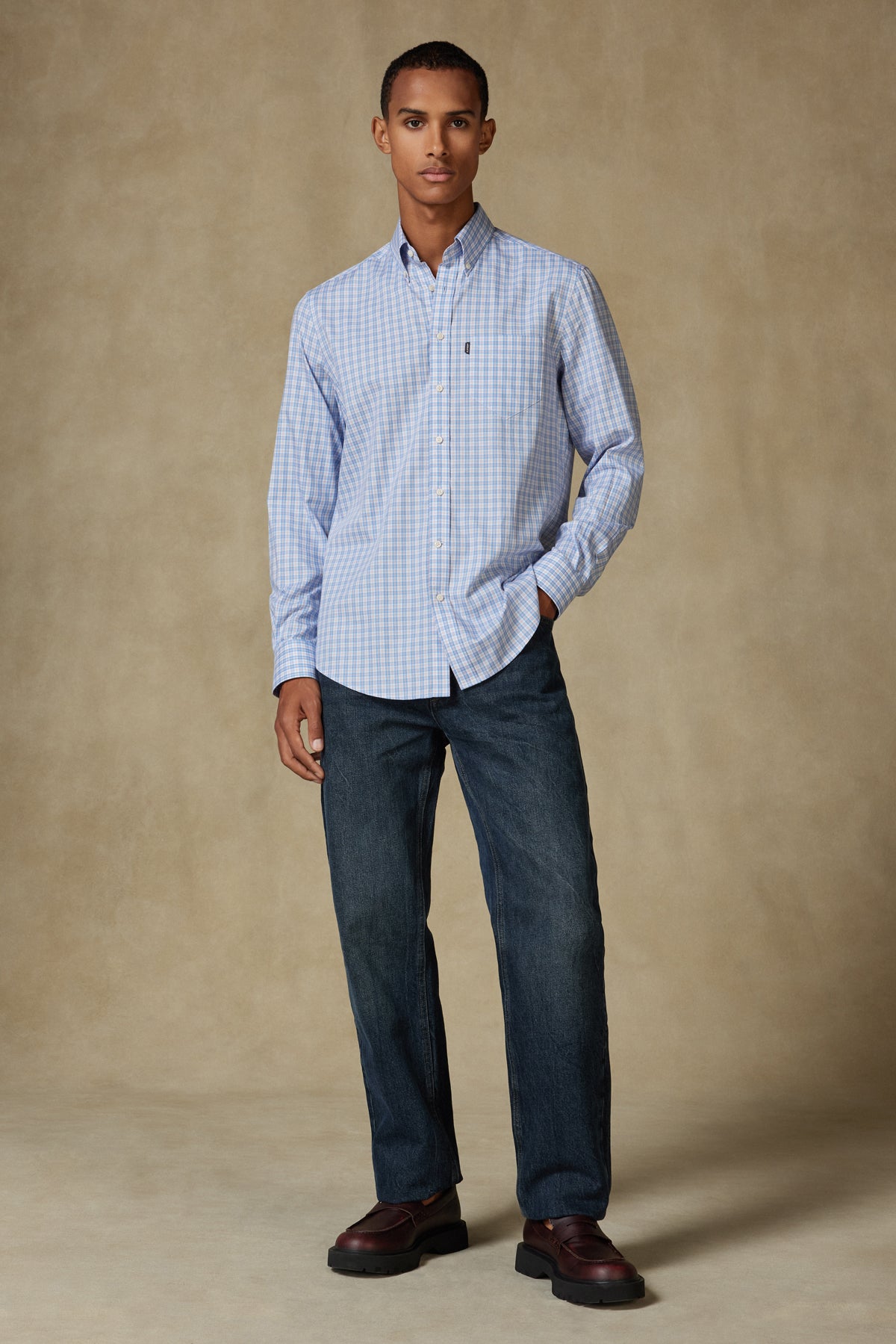 Abbate Aldo Poplin Pamuklu Comfort Fit Turuncu Düğmeli Yaka Erkek Kareli Gömlek