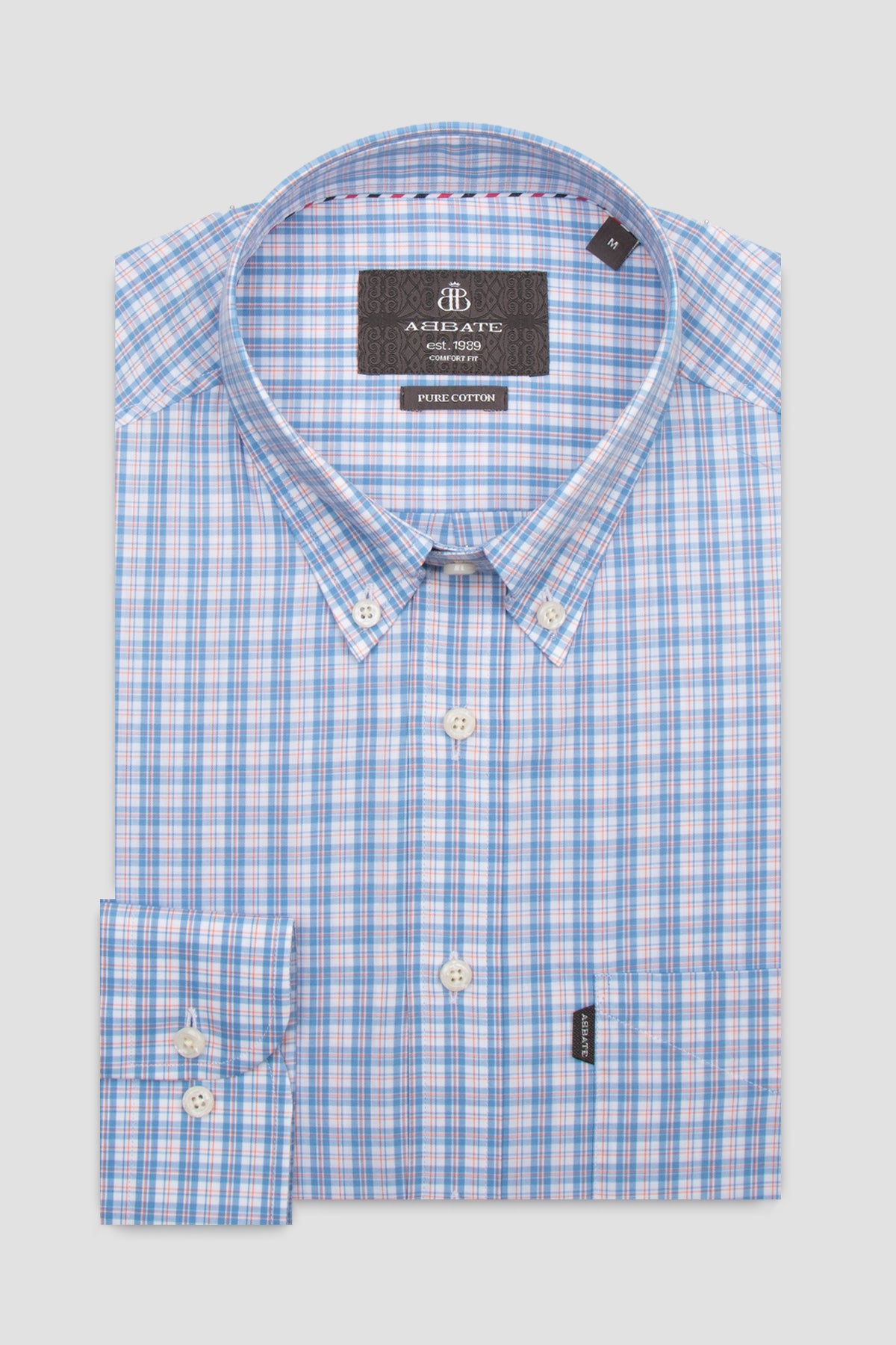 Abbate Aldo Poplin Pamuklu Comfort Fit Turuncu Düğmeli Yaka Erkek Kareli Gömlek