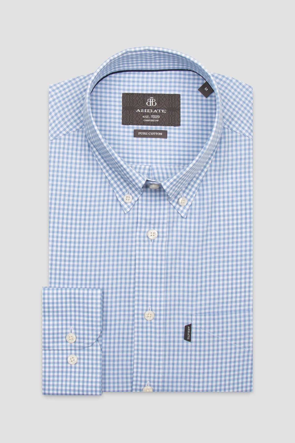 Abbate Aldo Poplin Pamuklu Comfort Fit Açık Mavi Düğmeli Yaka Erkek Kareli Gömlek