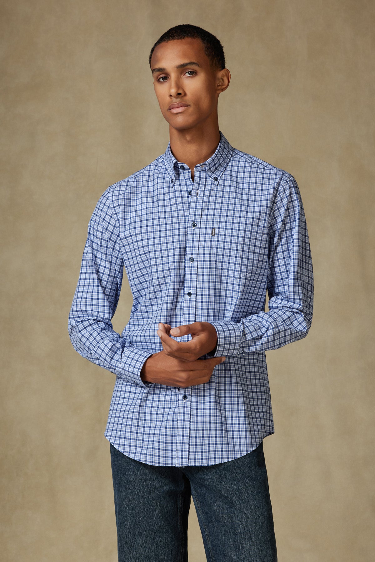 Abbate Aldo Poplin Pamuklu Comfort Fit Lacivert Düğmeli Yaka Erkek Kareli Gömlek