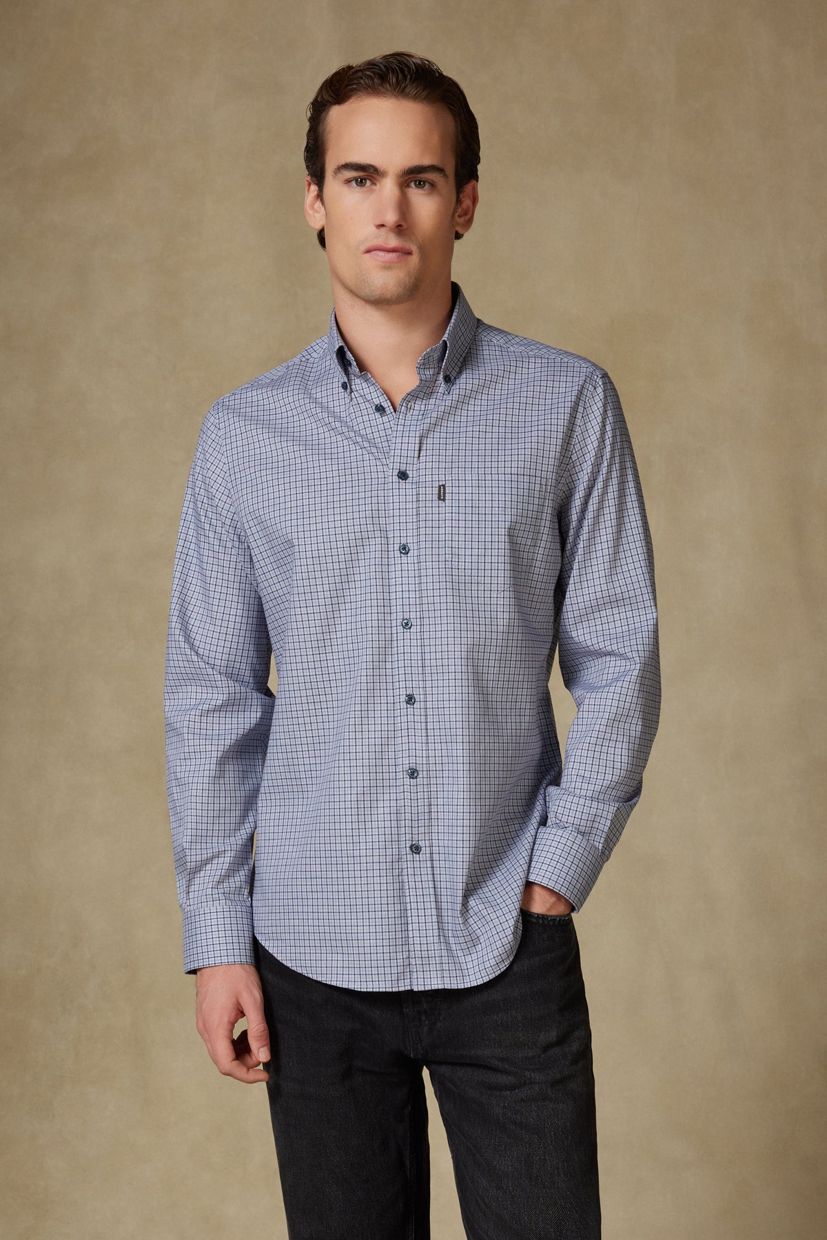 Abbate Aldo Poplin Pamuklu Comfort Fit Lacivert Düğmeli Yaka Erkek Kareli Gömlek