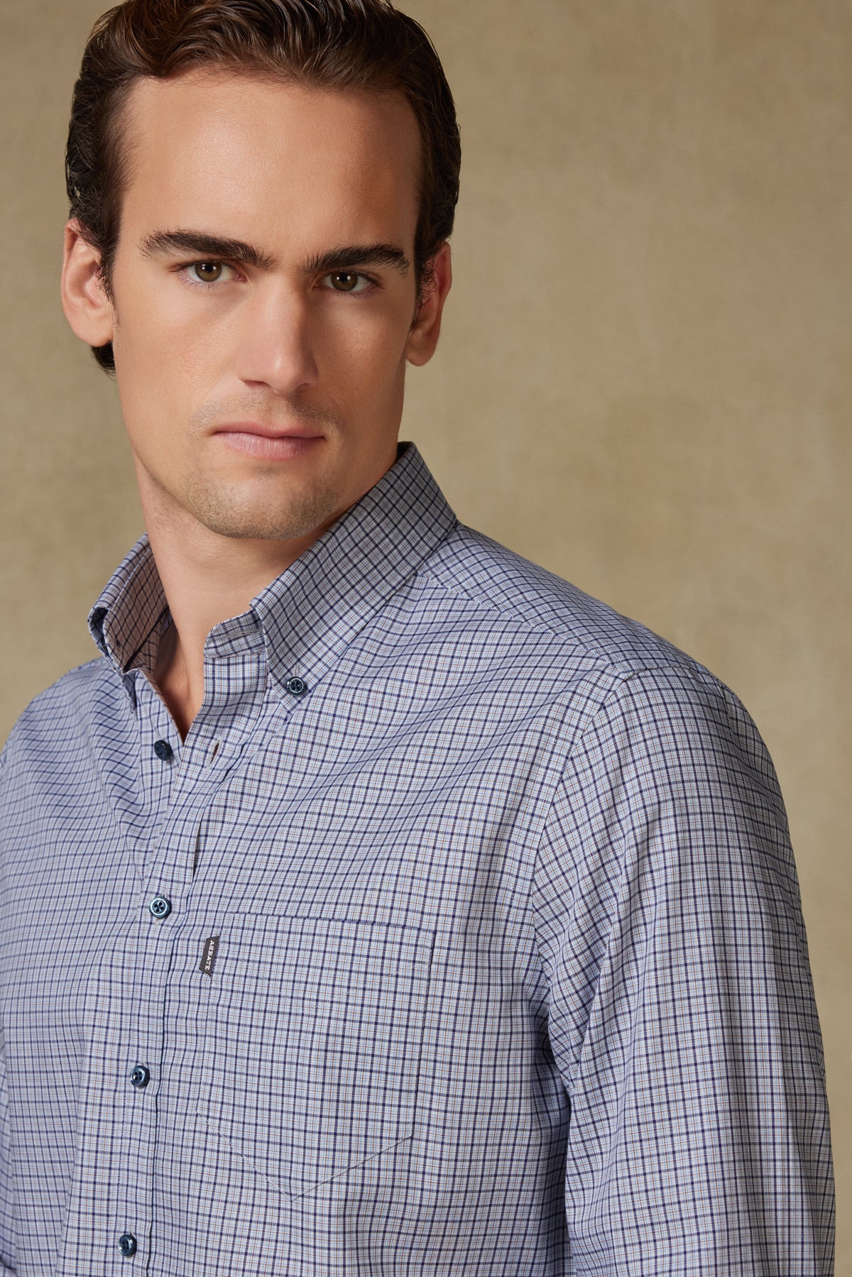 Abbate Aldo Poplin Pamuklu Comfort Fit Lacivert Düğmeli Yaka Erkek Kareli Gömlek