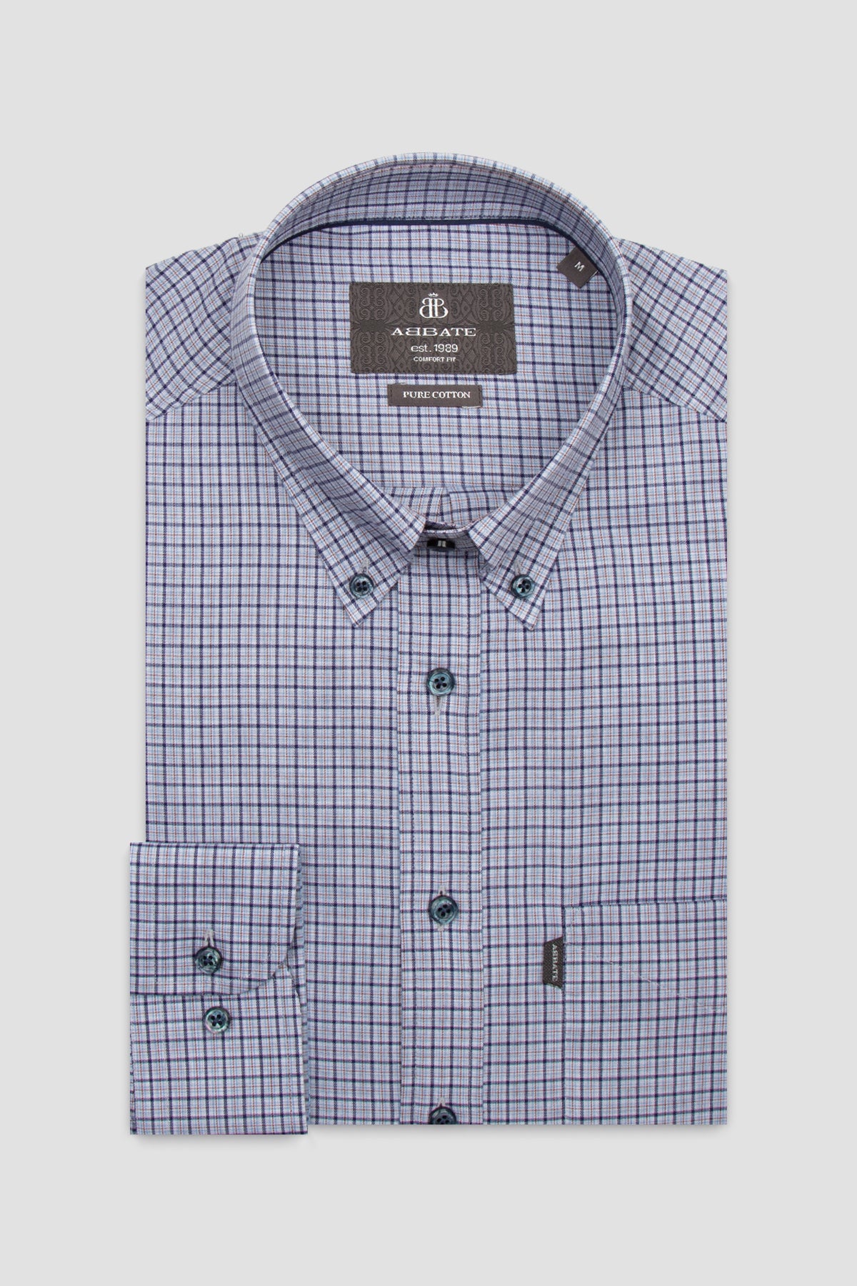 Abbate Aldo Poplin Pamuklu Comfort Fit Lacivert Düğmeli Yaka Erkek Kareli Gömlek