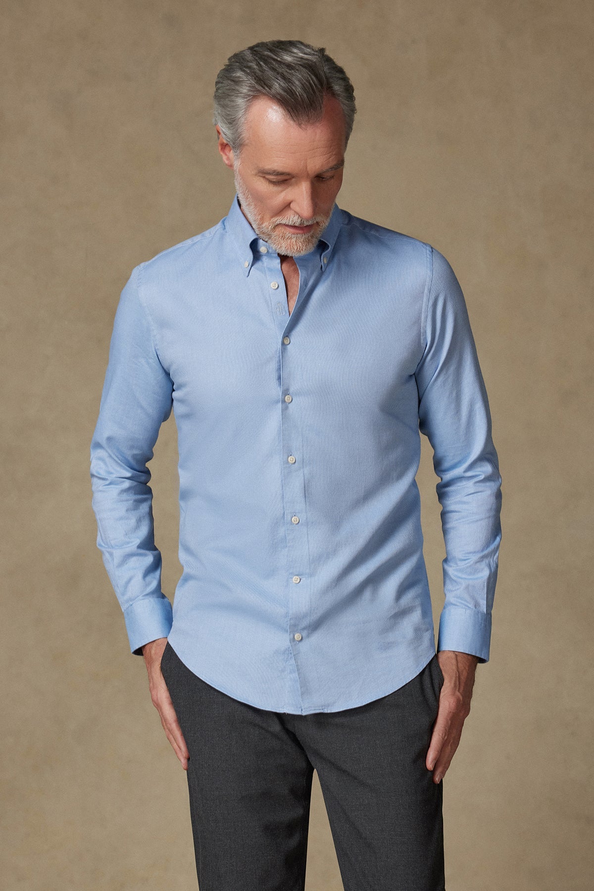 Abbate Carlo Royal Oxford Kolay Ütülenebilir %100 Pamuklu Slim Fit Açık Mavi Düğmeli Yaka Erkek Düz Gömlek