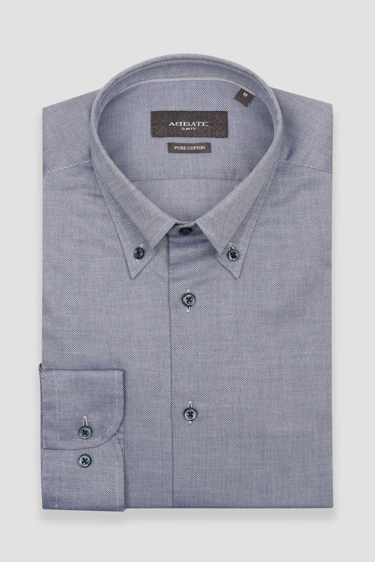 Abbate Carlo Royal Oxford Kolay Ütülenebilir %100 Pamuklu Slim Fit Mavi Düğmeli Yaka Erkek Düz Gömlek