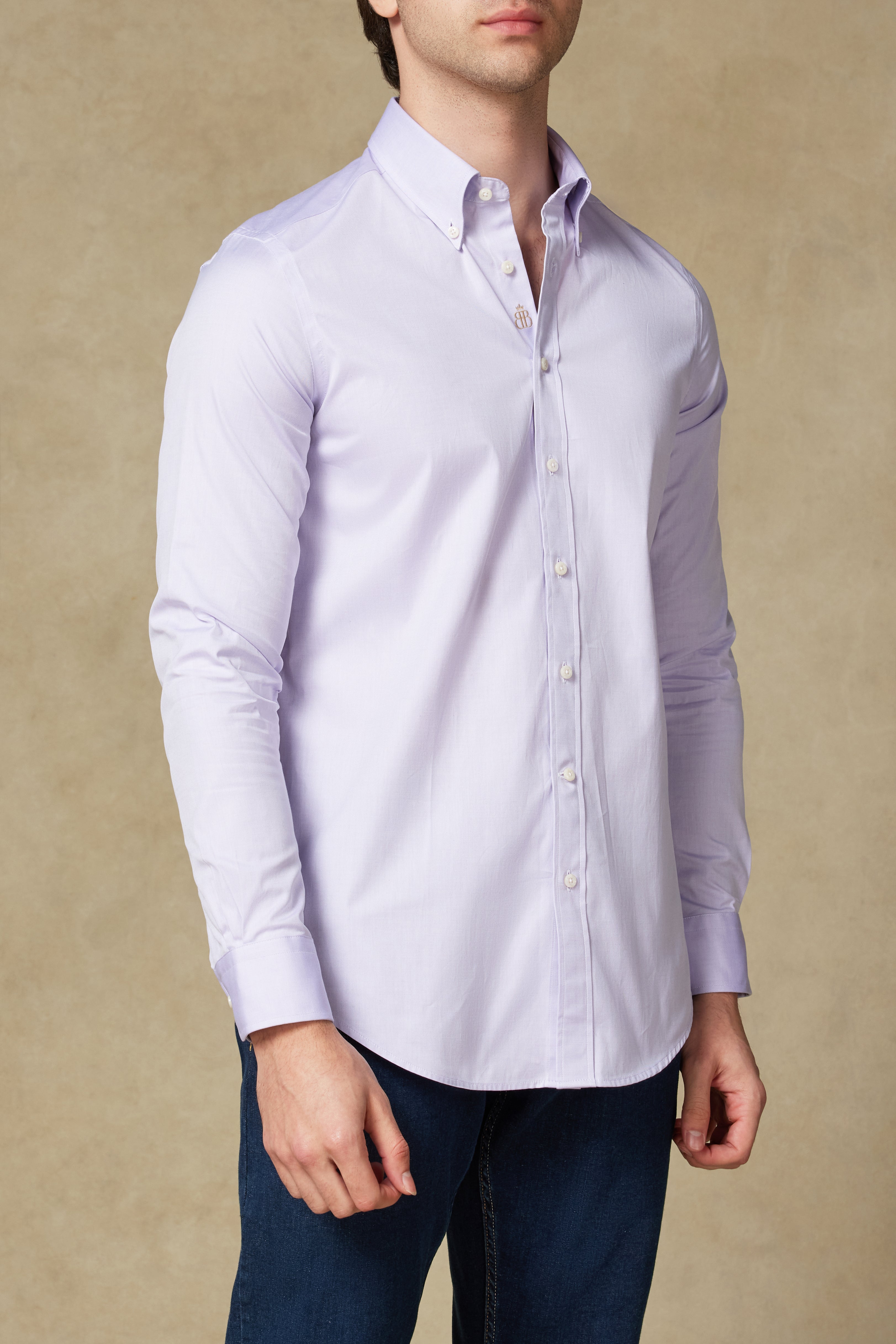 Abbate Carlo Royal Oxford Pamuklu Slim Fit Mor Düğmeli Yaka Erkek Düz Gömlek