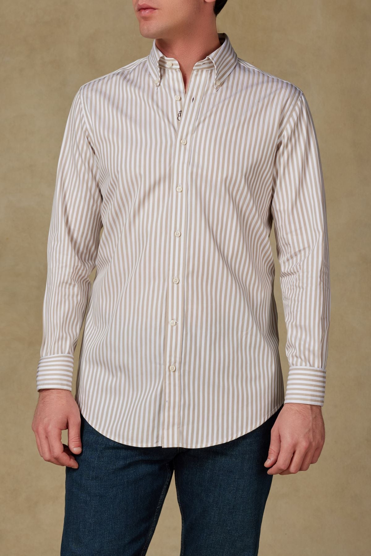 Abbate Carlo Twill %100 Pamuk Slim Fit Krem Düğmeli Yaka Erkek Çizgili Gömlek