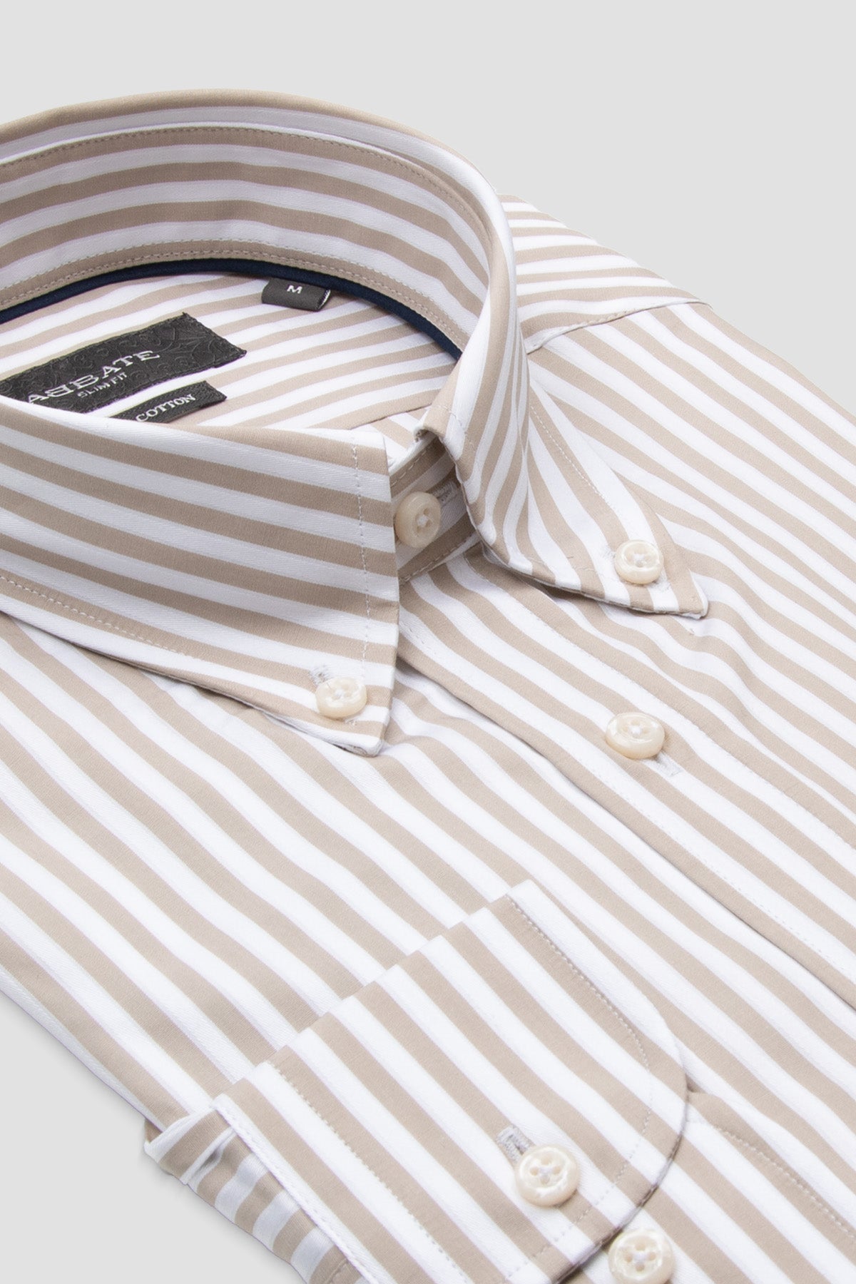 Abbate Carlo Twill %100 Pamuk Slim Fit Krem Düğmeli Yaka Erkek Çizgili Gömlek