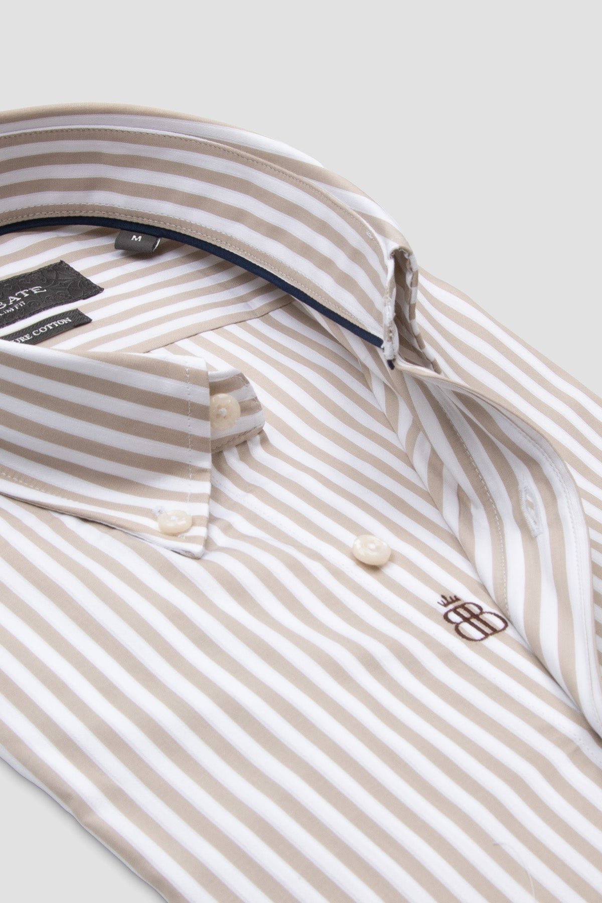 Abbate Carlo Twill %100 Pamuk Slim Fit Krem Düğmeli Yaka Erkek Çizgili Gömlek