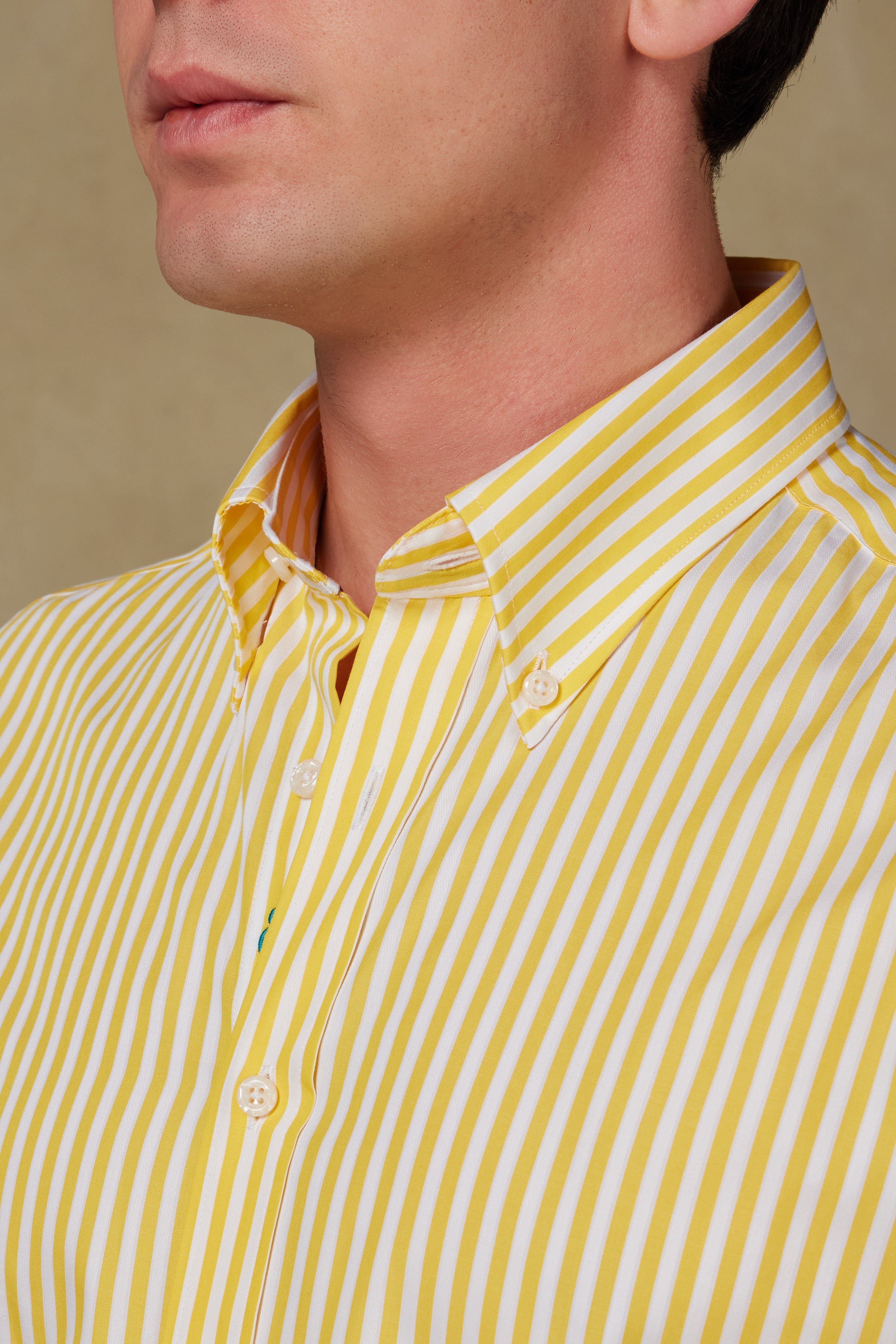 Abbate Carlo Twill Pamuklu Slim Fit Sarı Düğmeli Yaka Erkek Çizgili Gömlek
