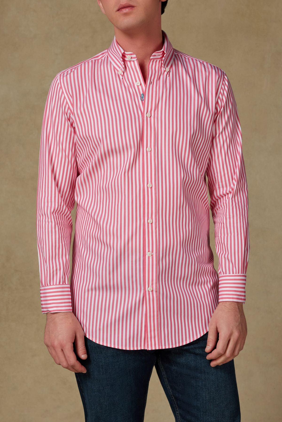 Abbate Carlo Twill %100 Pamuk Slim Fit Pembe Düğmeli Yaka Erkek Çizgili Gömlek