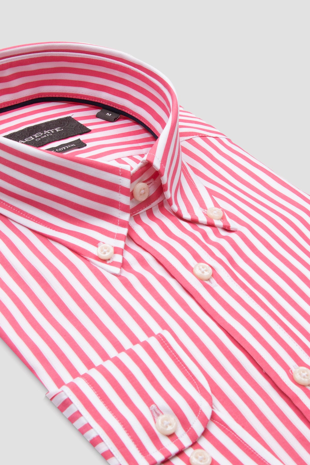 Abbate Carlo Twill %100 Pamuk Slim Fit Pembe Düğmeli Yaka Erkek Çizgili Gömlek