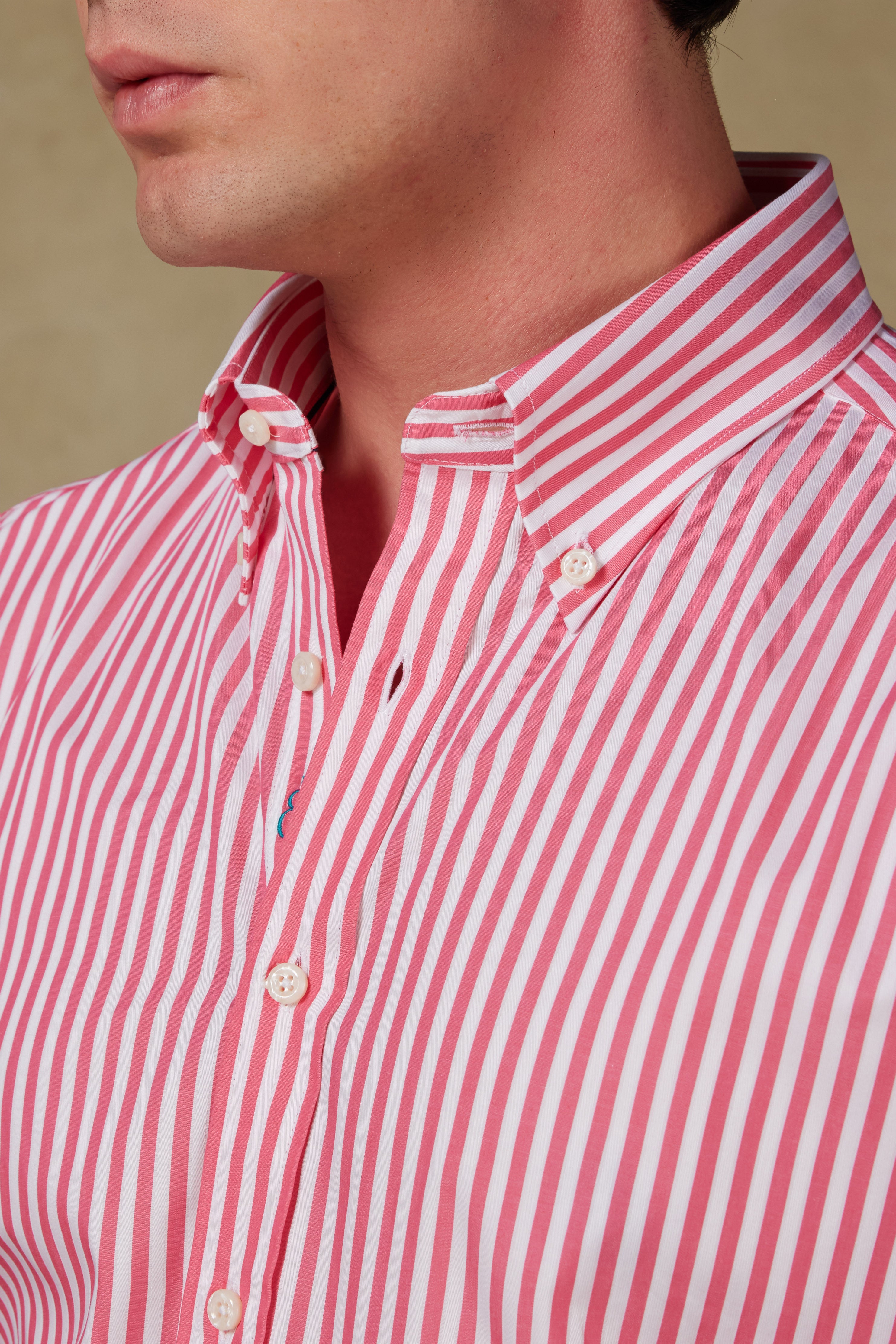 Abbate Carlo Twill Pamuklu Slim Fit Pembe Düğmeli Yaka Erkek Çizgili Gömlek