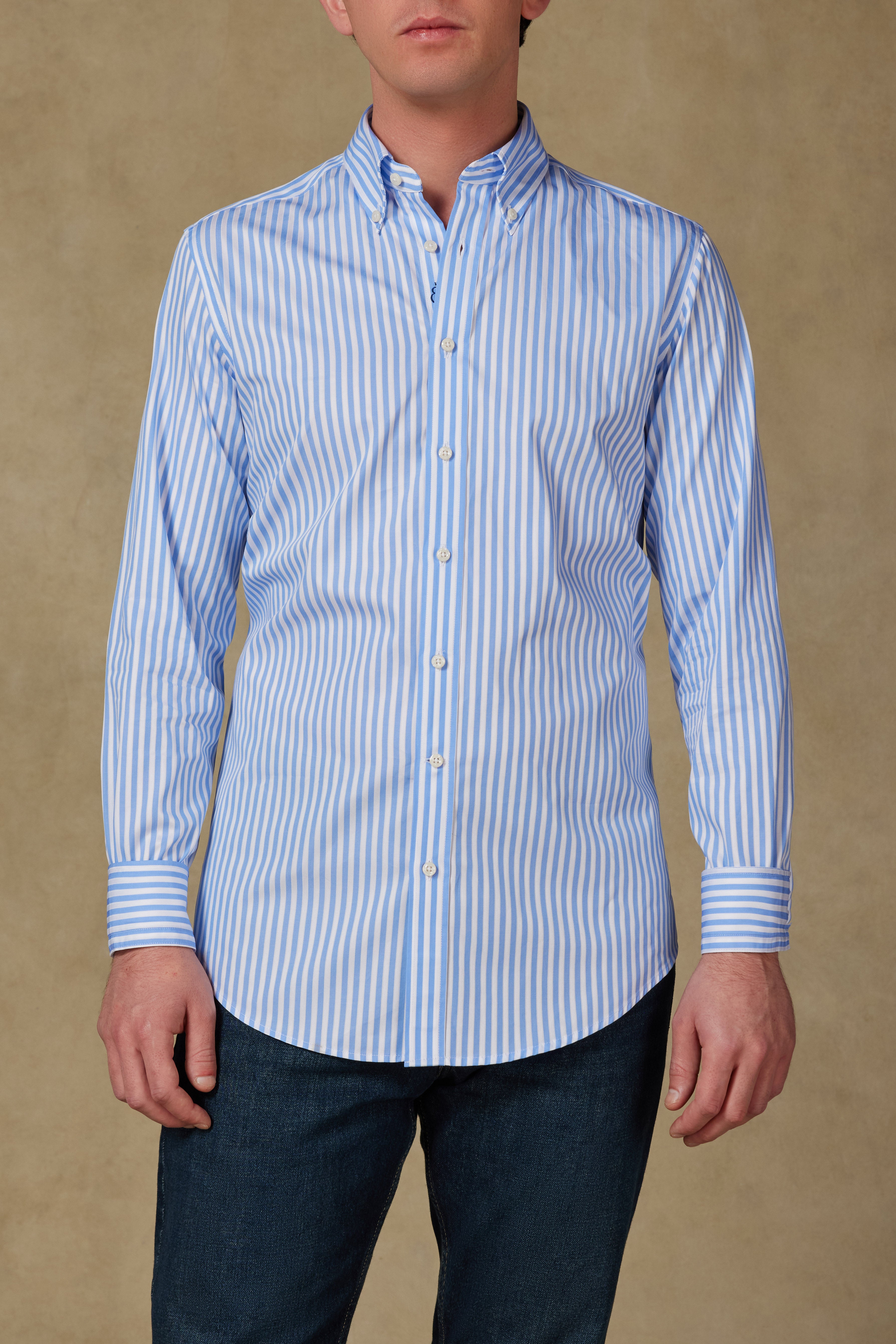 Abbate Carlo Twill Pamuklu Slim Fit Açık Mavi Düğmeli Yaka Erkek Çizgili Gömlek