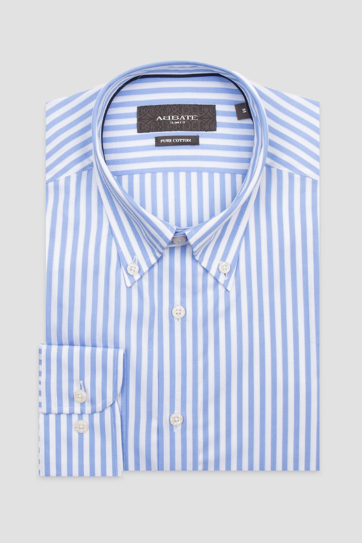 Abbate Carlo Twill %100 Pamuk Slim Fit Açık Mavi Düğmeli Yaka Erkek Çizgili Gömlek