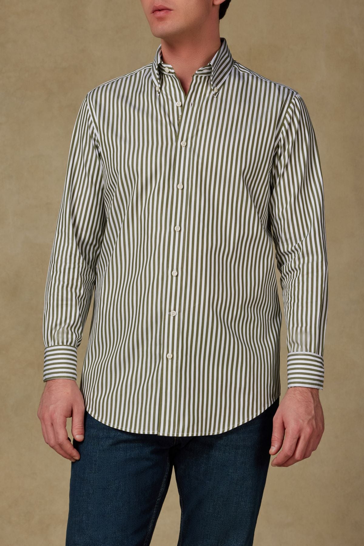 Abbate Carlo Twill %100 Pamuk Slim Fit Haki Düğmeli Yaka Erkek Çizgili Gömlek