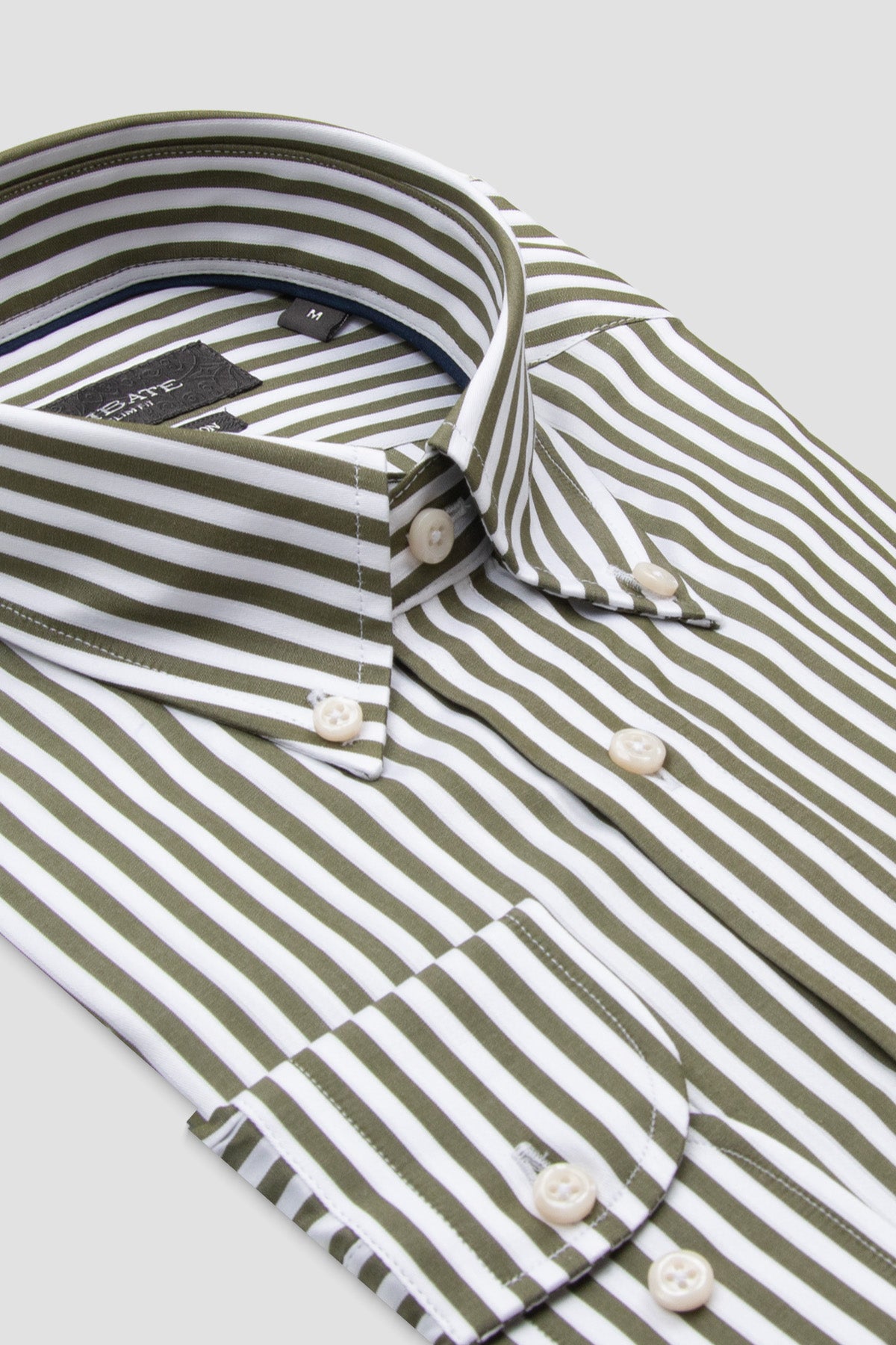 Abbate Carlo Twill %100 Pamuk Slim Fit Haki Düğmeli Yaka Erkek Çizgili Gömlek