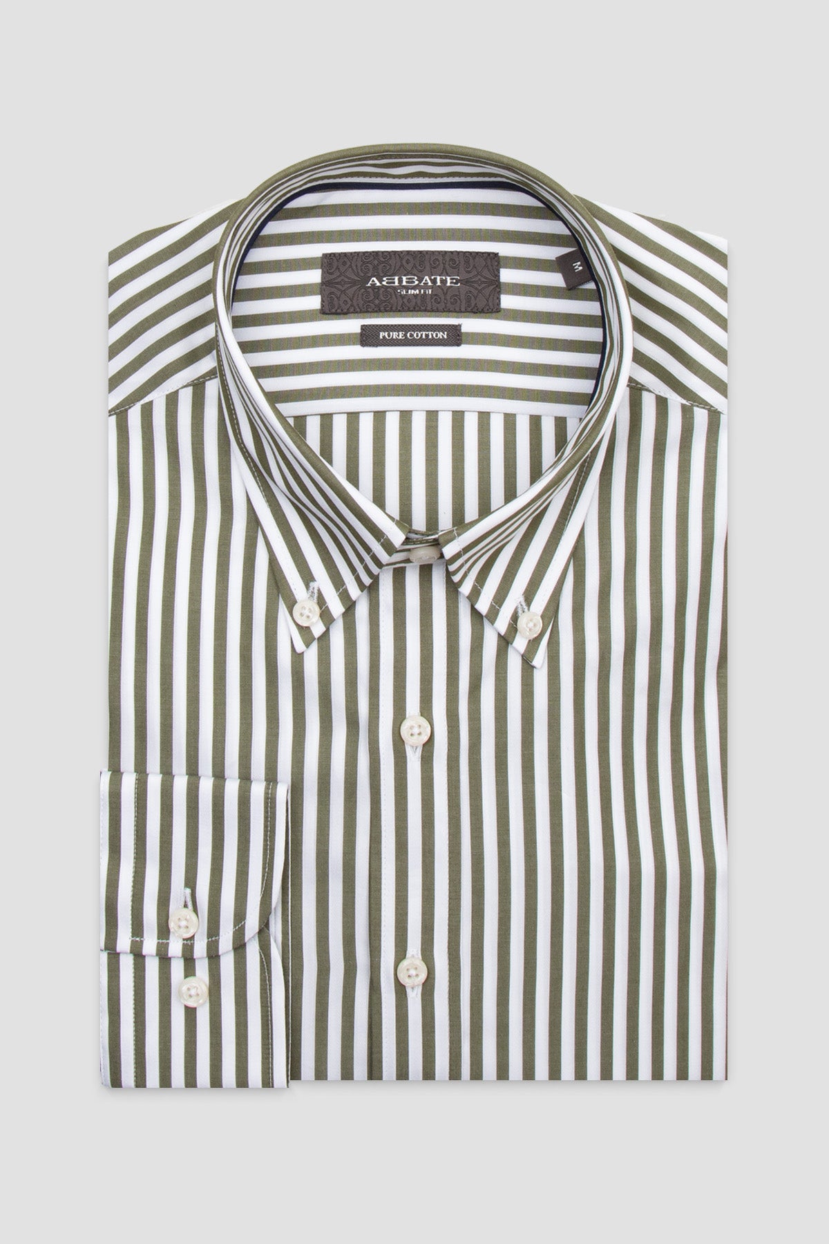 Abbate Carlo Twill Pamuklu Slim Fit Haki Düğmeli Yaka Erkek Çizgili Gömlek