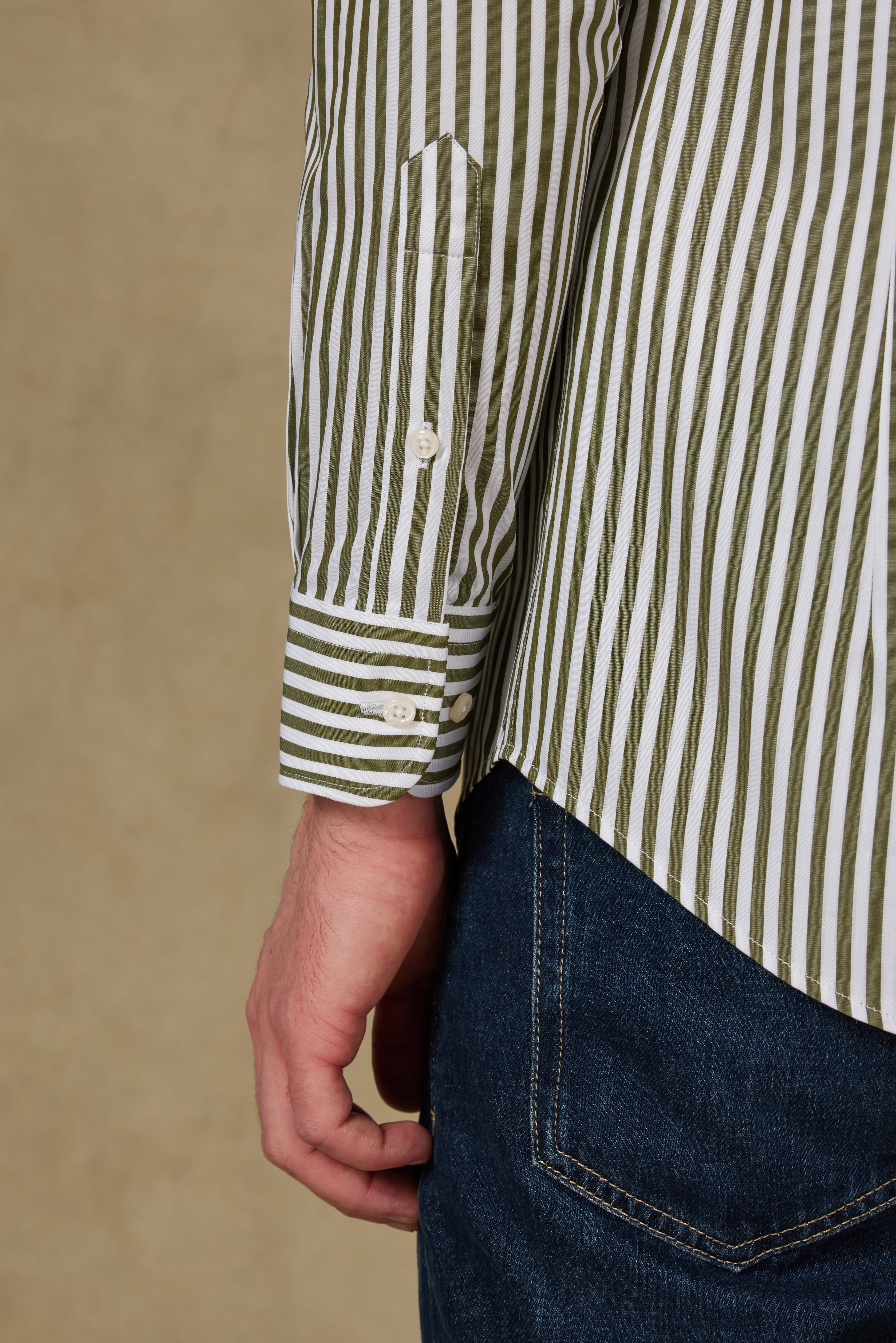 Abbate Carlo Twill Pamuklu Slim Fit Haki Düğmeli Yaka Erkek Çizgili Gömlek