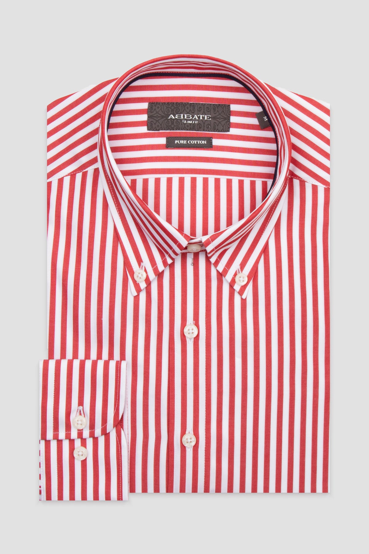 Abbate Carlo Twill Pamuklu Slim Fit Kırmızı Düğmeli Yaka Erkek Çizgili Gömlek