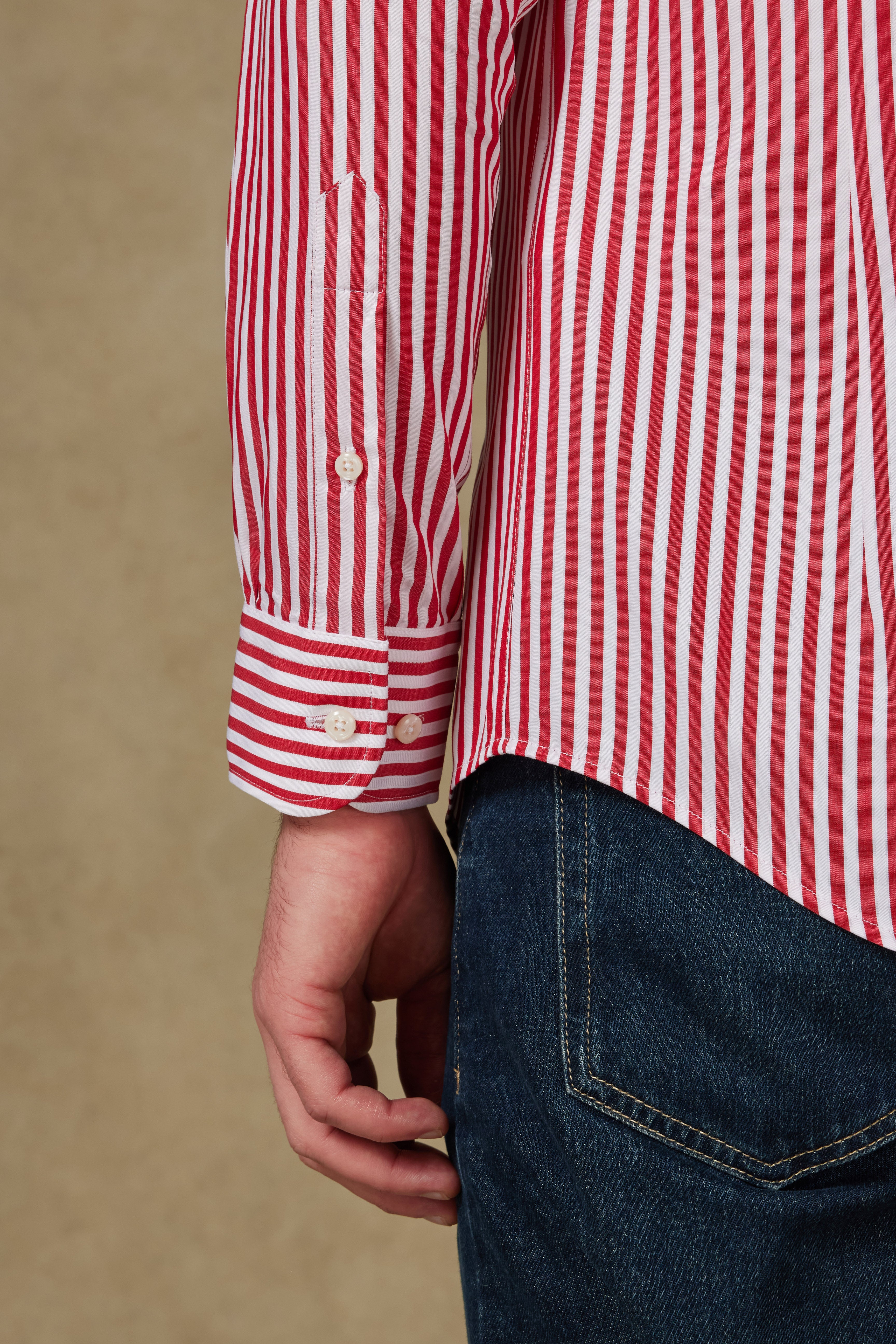 Abbate Carlo Twill Pamuklu Slim Fit Kırmızı Düğmeli Yaka Erkek Çizgili Gömlek