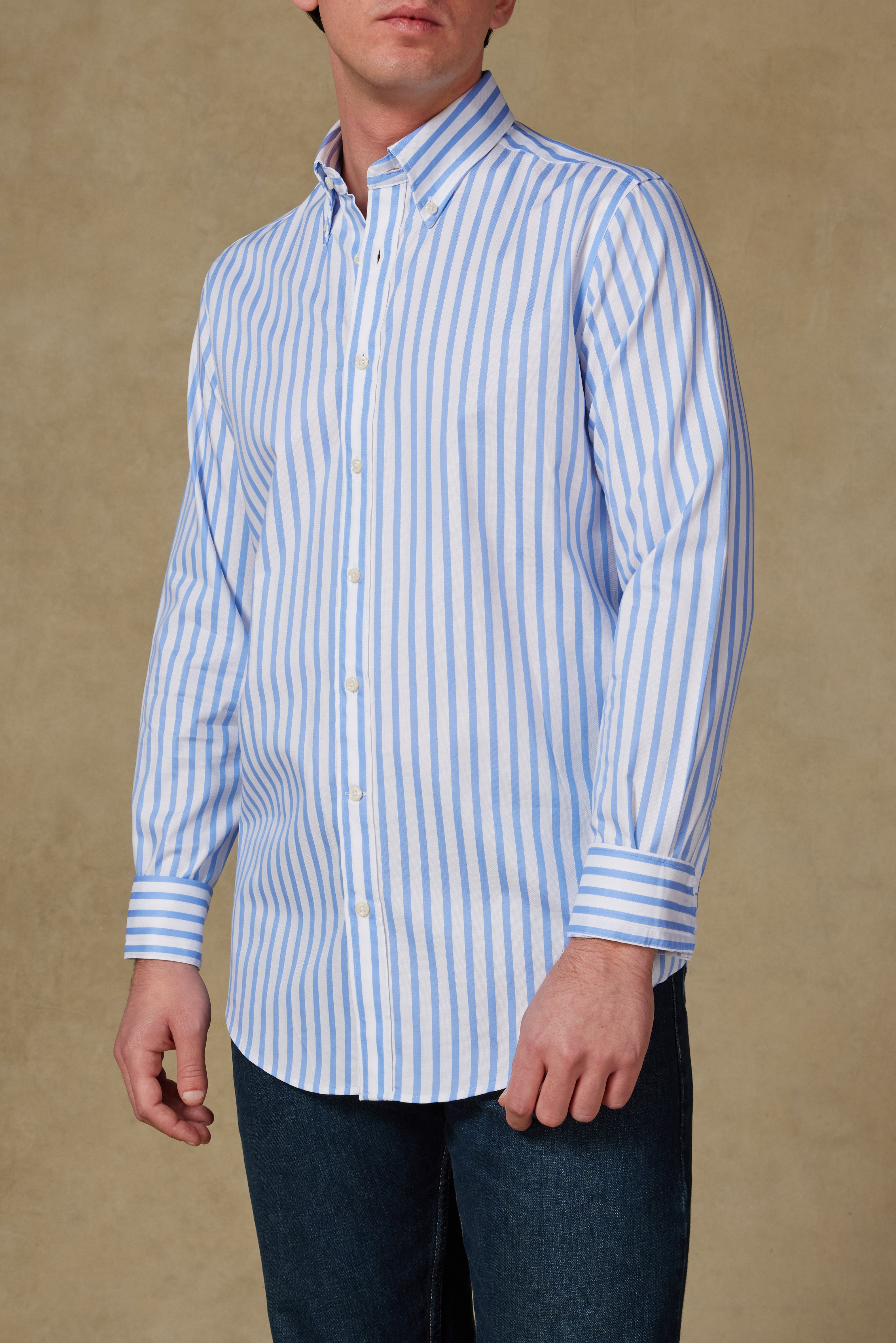 Abbate Carlo Twill Pamuklu Slim Fit Açık Mavi Düğmeli Yaka Erkek Çizgili Gömlek