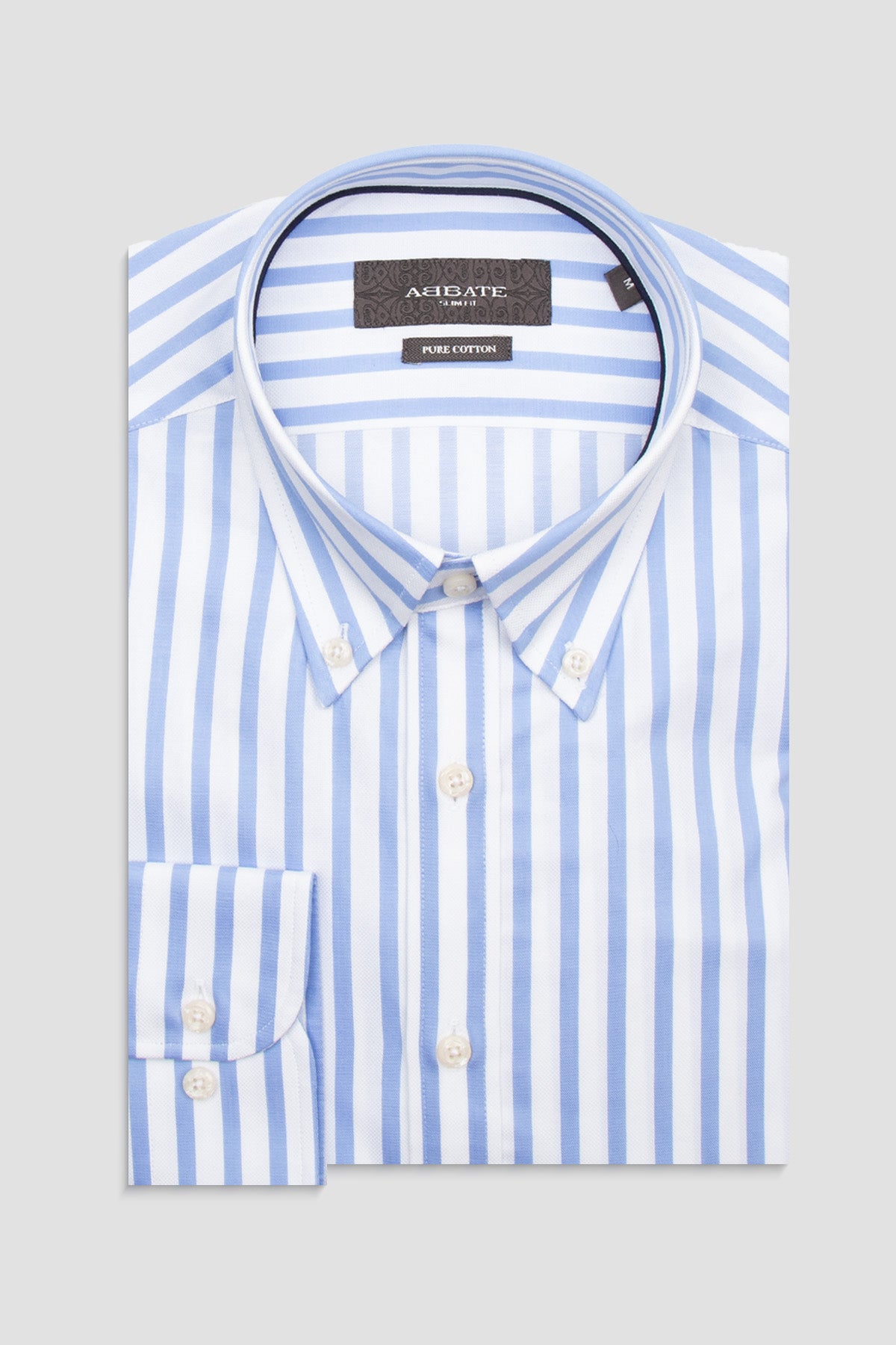 Abbate Carlo Twill %100 Pamuk Slim Fit Açık Mavi Düğmeli Yaka Erkek Çizgili Gömlek