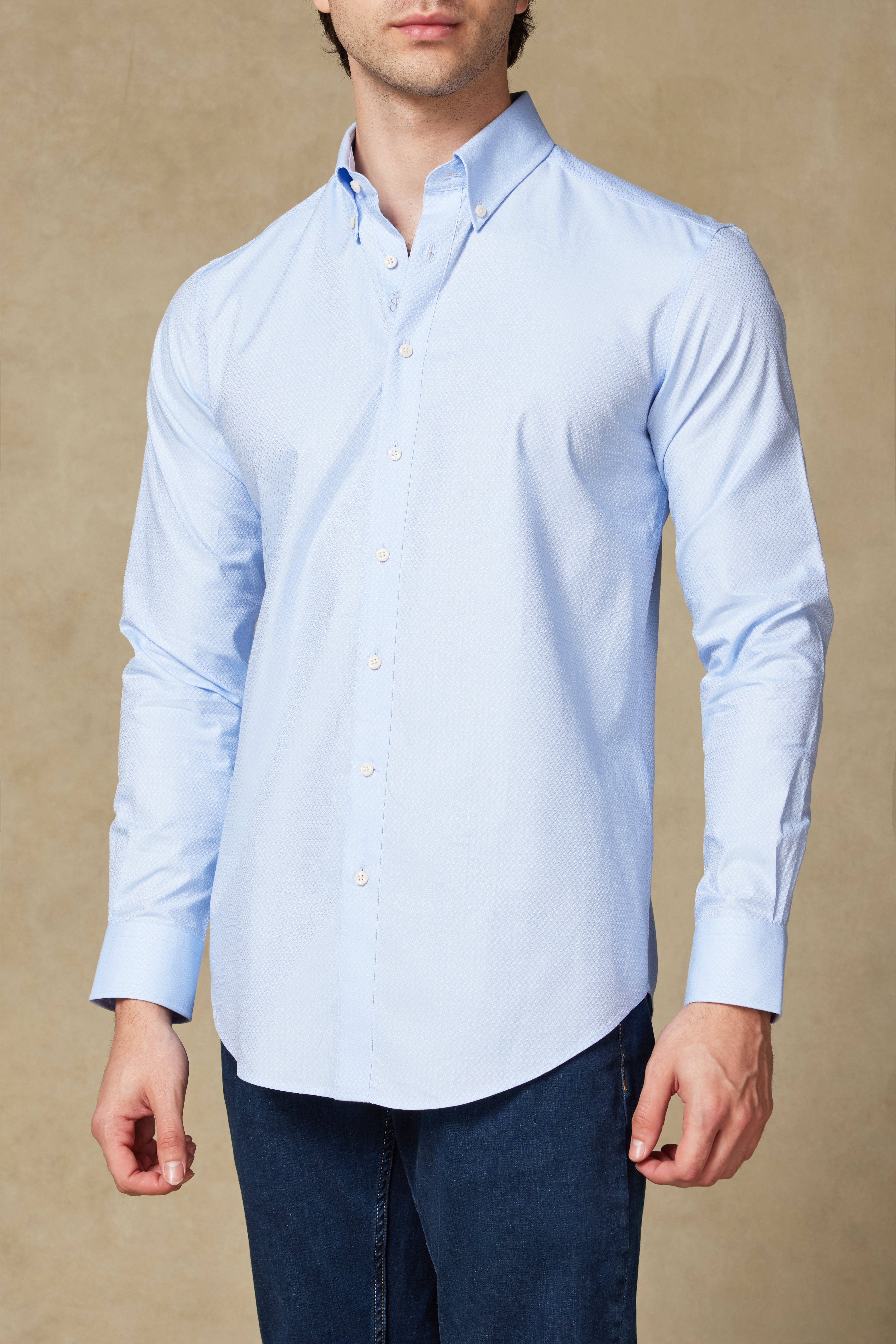 Abbate Carlo Armür Pamuklu Slim Fit Açık Mavi Düğmeli Yaka Erkek Düz Gömlek