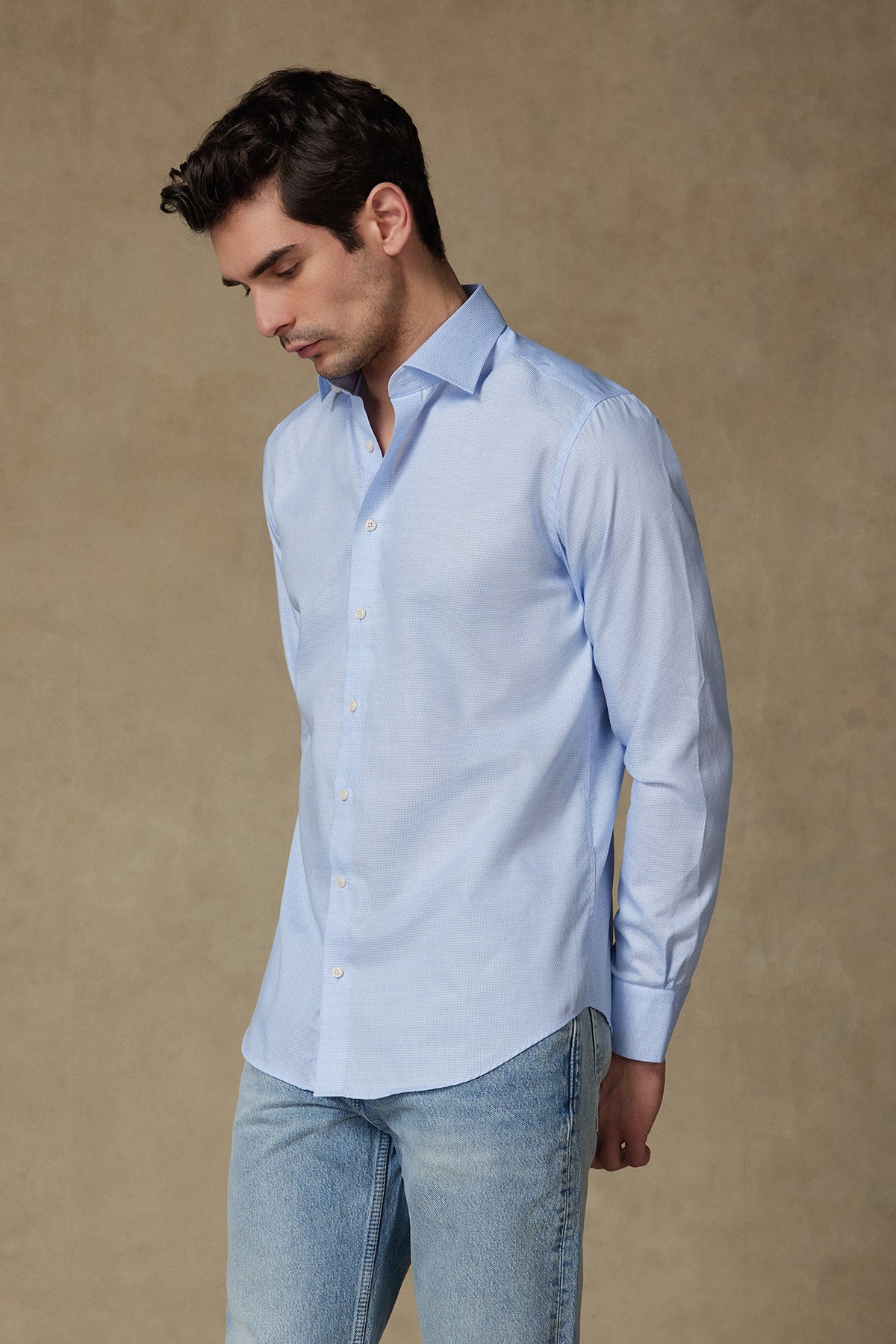 Abbate Donatello Armür Pamuklu Slim Fit Açık Mavi Klasik Yaka Erkek Desenli Gömlek