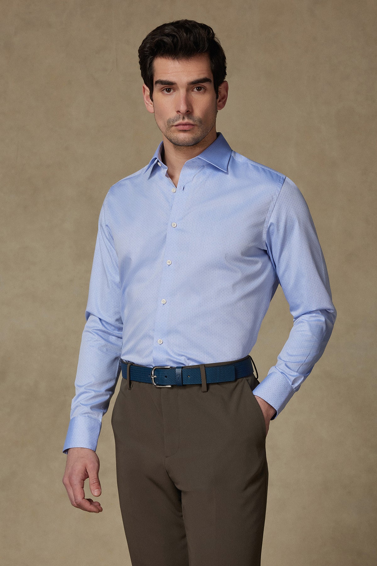 Abbate Donatello Armür Pamuklu Slim Fit Açık Mavi Klasik Yaka Erkek Desenli Gömlek